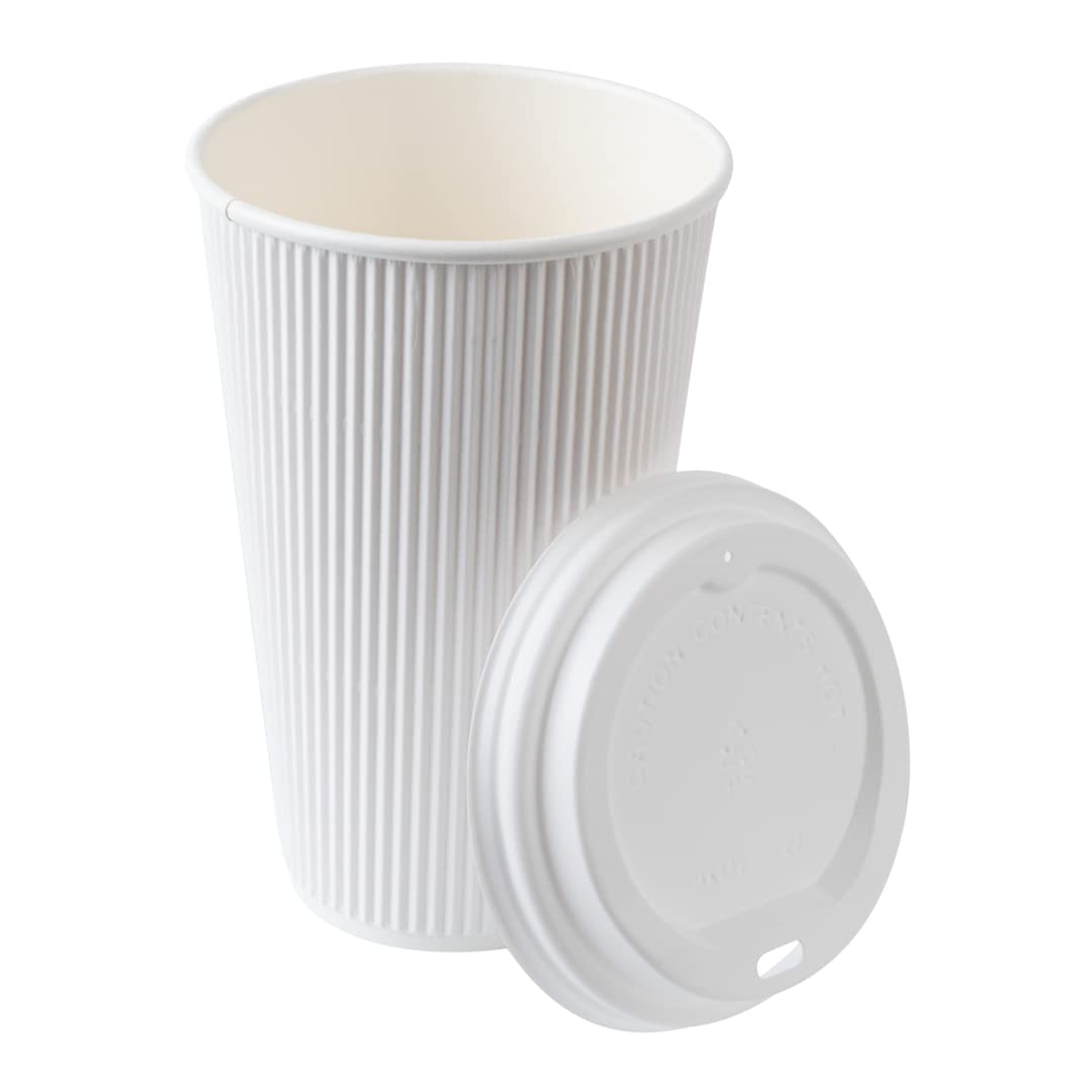 Restaurantware 16oz Insulated Coffee Cups with Lids - 20 Pack Leakproof Ripple Wall Hot Drink Cups | Eco-Friendly Disposable White Paper Cups for Coffee, Tea, Hot Chocolate & Lattes | Perfect for Cafes, Offices & Home Use