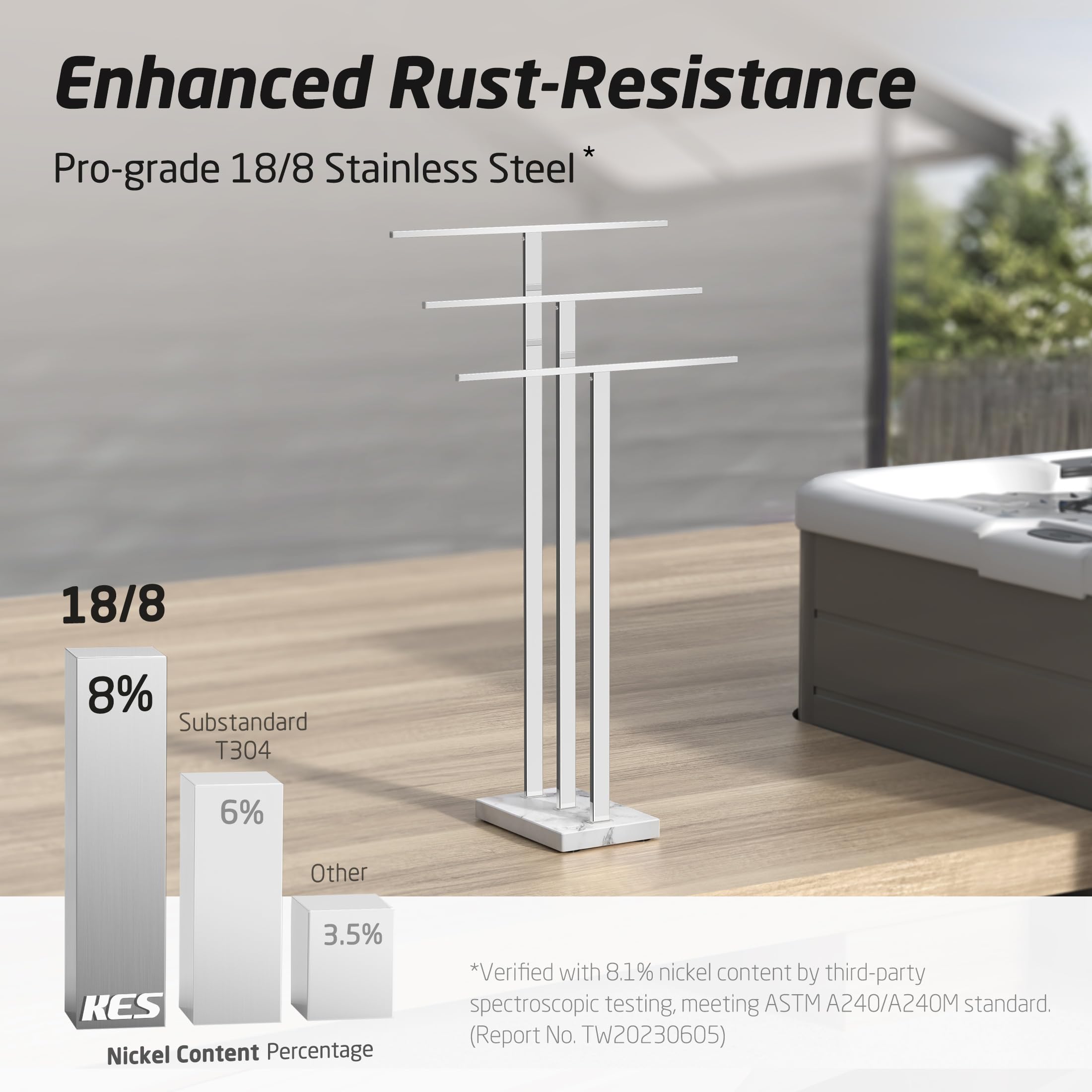 Premium 3-Tier Standing Towel Rack with Marble Base - Sturdy Free-Standing Bathroom Organizer for Large Bath & Hand Towels - 18/8 Stainless Steel Polished Finish (BTH217S3) - Perfect for Spa-Style Bathrooms, Guest Suites & Luxury Home Decor