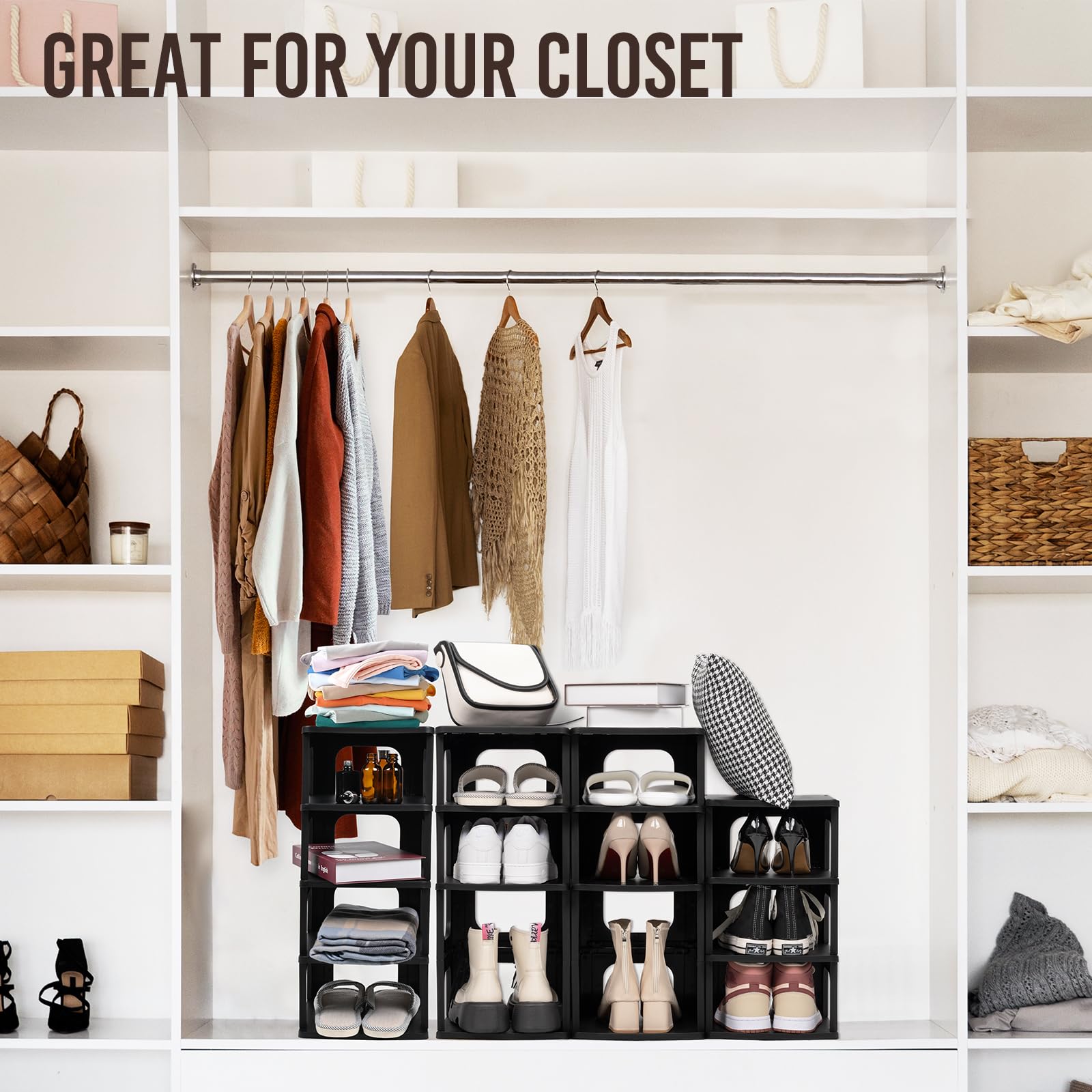 TRZZ 4-Tier Vertical Shoe Rack Organizer - Space Saving Stackable Shoe Storage with Removable Dividers for Closet, Entryway & Small Spaces - Perfect for Apartments, Dorms & Tight Areas (Black)