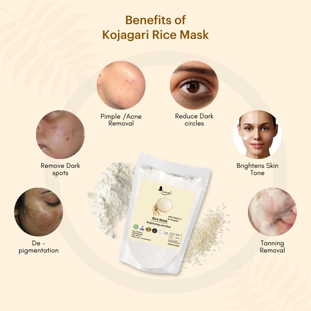 Kojagari Rice Mask with Vitamin C - Brightening & Glowing Skin Treatment for Acne, Dark Spots & Tanning - 100g Rice Powder Face Mask for Daily Skincare & Night Routine