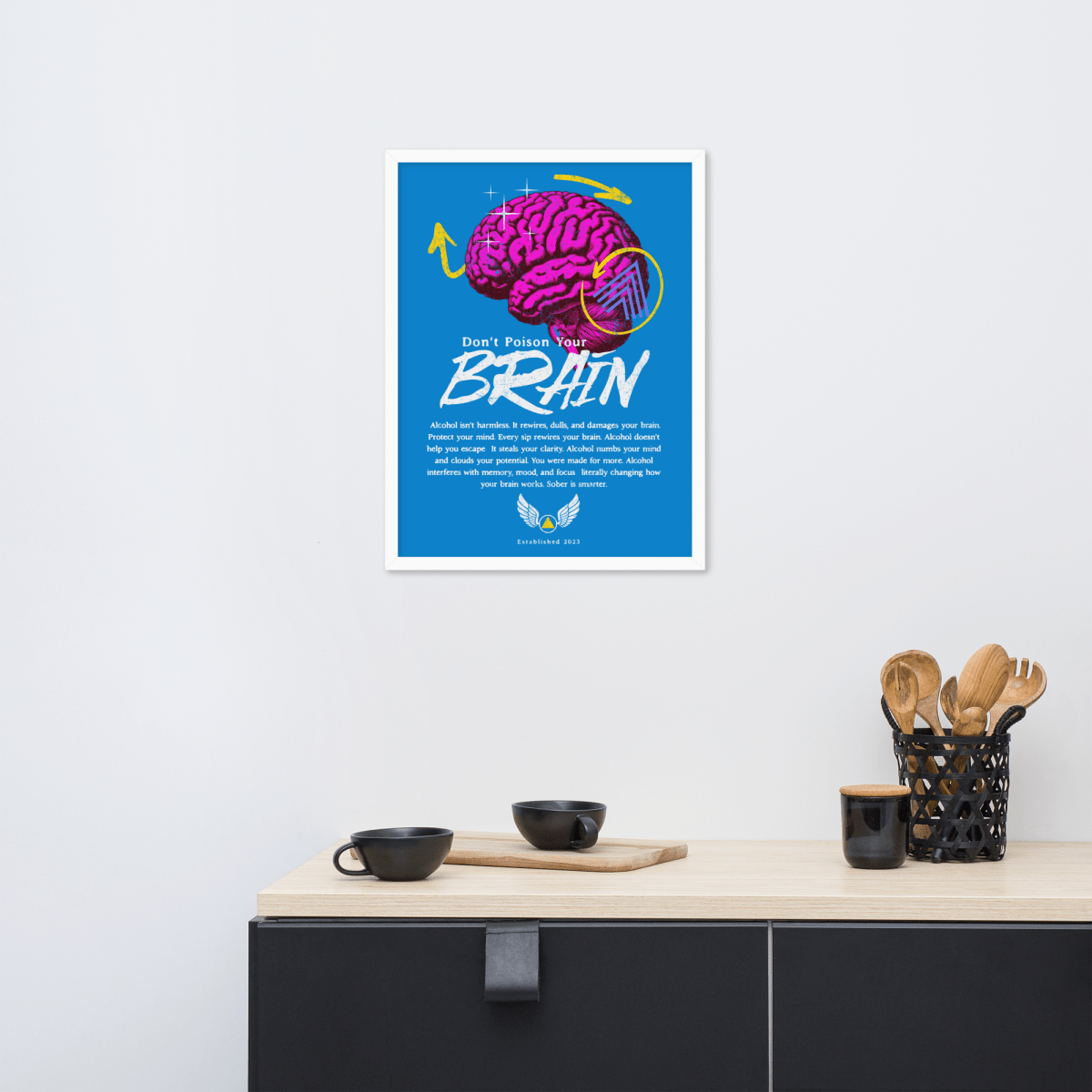 Framed Sobriety Reminder Wall Art - Motivational 'Don't Poison Your Brain' Quote for Addiction Recovery & Sober Living - Perfect for AA Meetings, Rehab Centers & Home Decor
