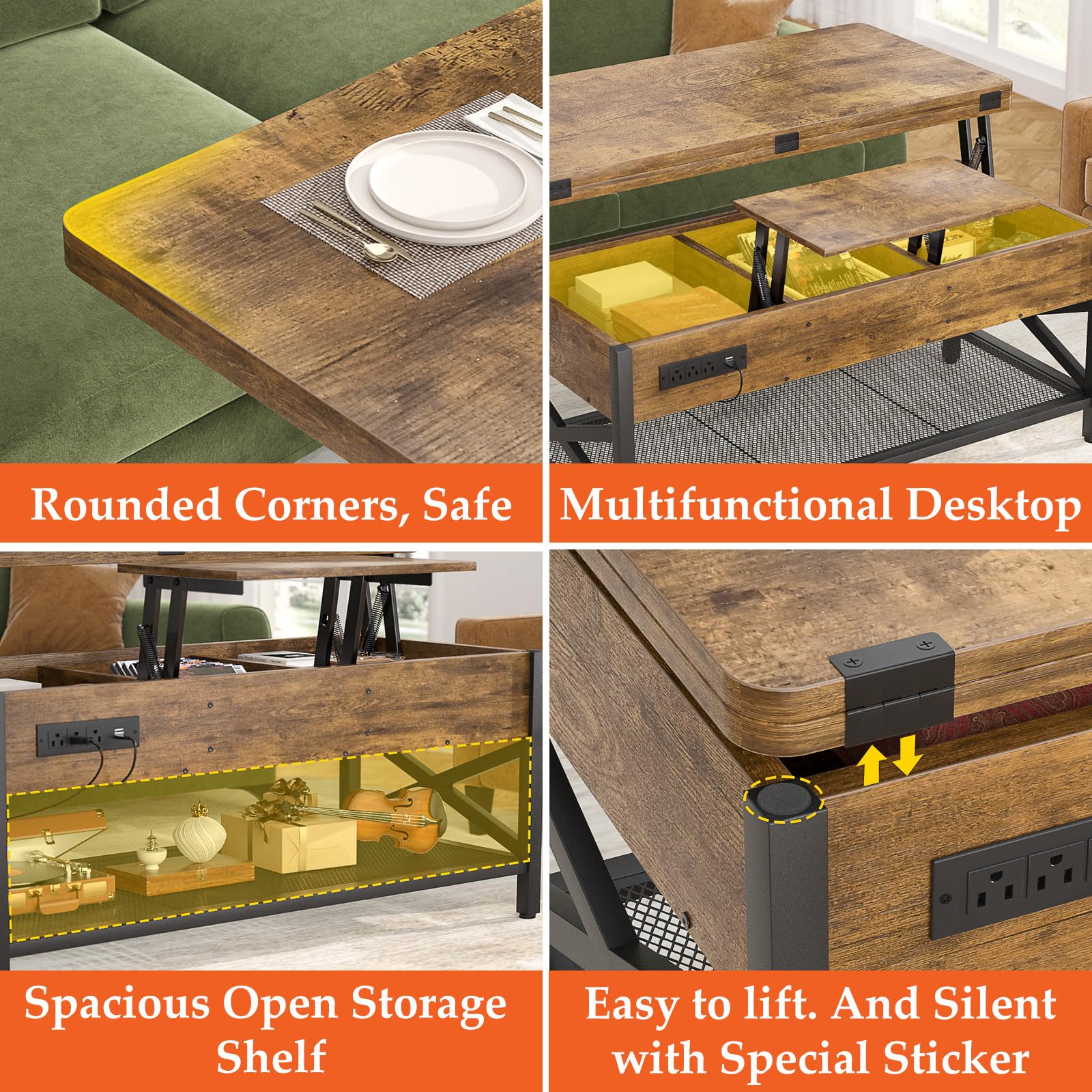Aheaplus Lift Top Coffee Table with LED Lights & Power Outlets - Convertible Dining Table with Storage Shelves, Rustic Brown Center Table for Living Room, Home Office & Reception Areas | Perfect for Small Spaces, Entertaining Guests & Remote Work