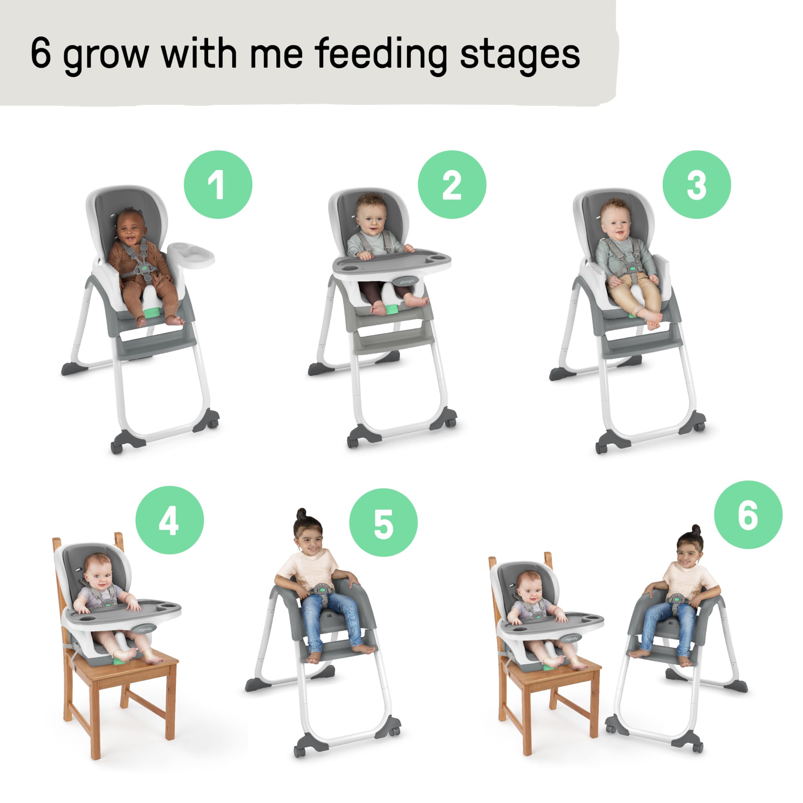 Ingenuity Full Course SmartClean 6-in-1 High Chair with EVA Foam Seat, 5-Point Safety Harness & 2 Dishwasher-Safe Trays - Slate Gray - Perfect for Babies & Toddlers at Mealtime