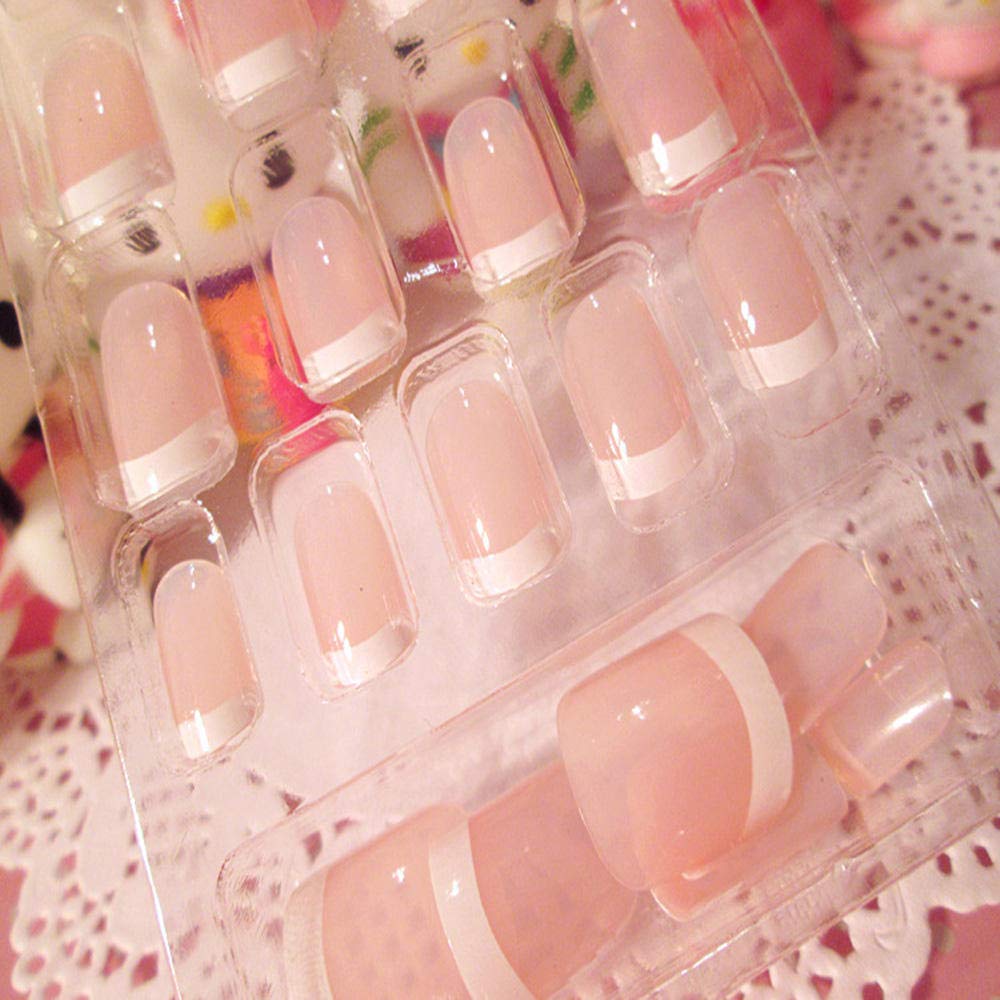 24Pcs Short French False Nails - Natural Acrylic Fake Nails with 12Pcs Double-Sided Adhesive Tapes - Perfect for Gel Polish Application, Home Manicure & Nail Art DIY