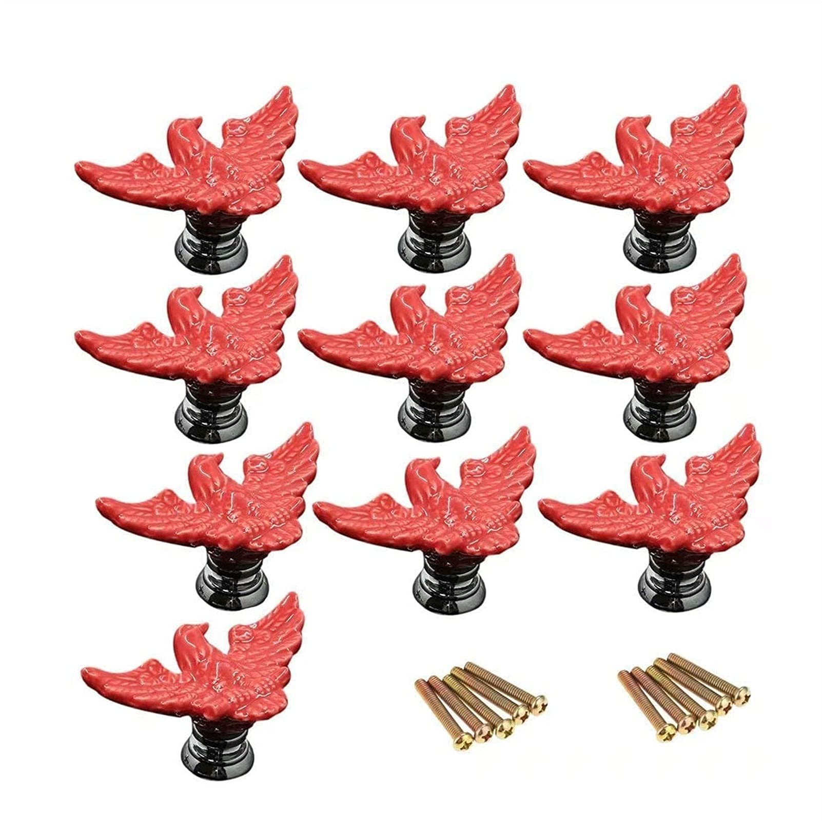 10Pcs Vintage Cartoon Eagle Ceramic Knob Handles - Red Kitchen Cabinet & Wardrobe Drawer Pulls for Furniture Doors - Unique Home Decor for Cabinets, Dressers & DIY Projects