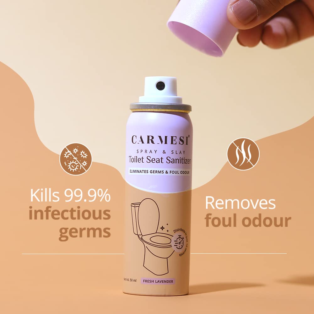 Carmesi Toilet Seat Sanitizer Spray - Kills 99.9% Germs & Eliminates Odors | Travel Size 50ml | Disinfects Toilet Seats, Door Handles & Flush Buttons | Prevents Infections | Perfect for Home, Office & Public Restrooms