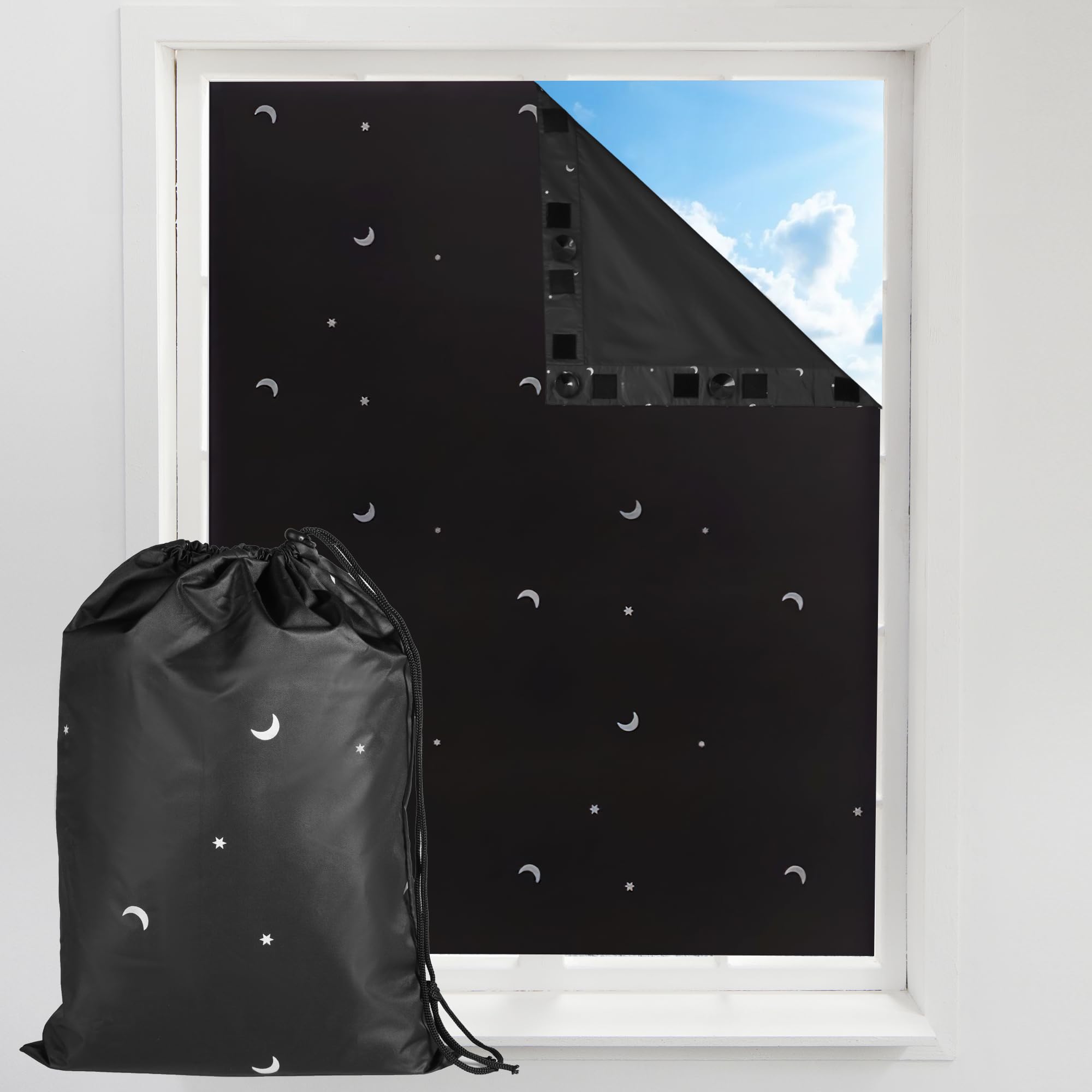 Goabroa Blackout Curtains 78x50 Inches - Adjustable Temporary Window Shades with Suction Cups, Polyester Room Darkening Curtains for Bedroom, Nursery, Dorm (Moon & Stars Pattern) - Perfect for Daytime Naps, Light Sensitivity & Shift Workers