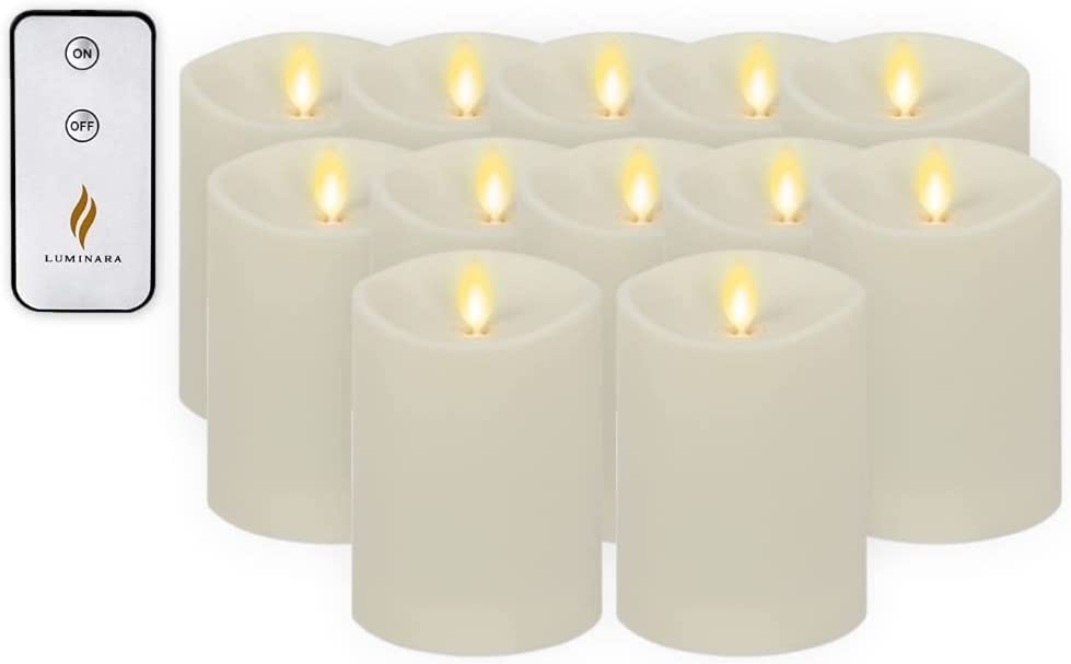 Luminara 12-Pack Flameless LED Pillar Candles - Realistic Flickering Flame Effect, Battery Operated Outdoor Candles for Christmas, Thanksgiving, Halloween Decor - 3.2