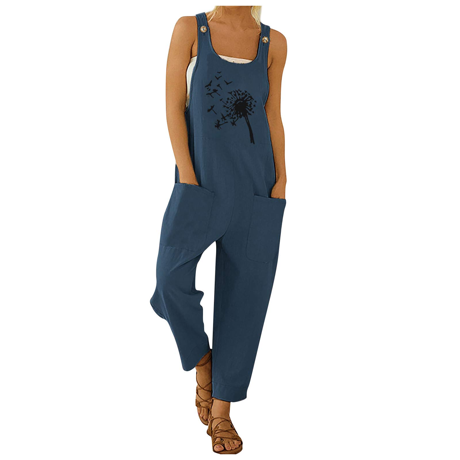White Sequins Jumpsuit for Women - Strappy Romper Playsuit with Button Print & Pockets | Casual Boho Long Jumpsuit for Party, Club, or Beach Vacation