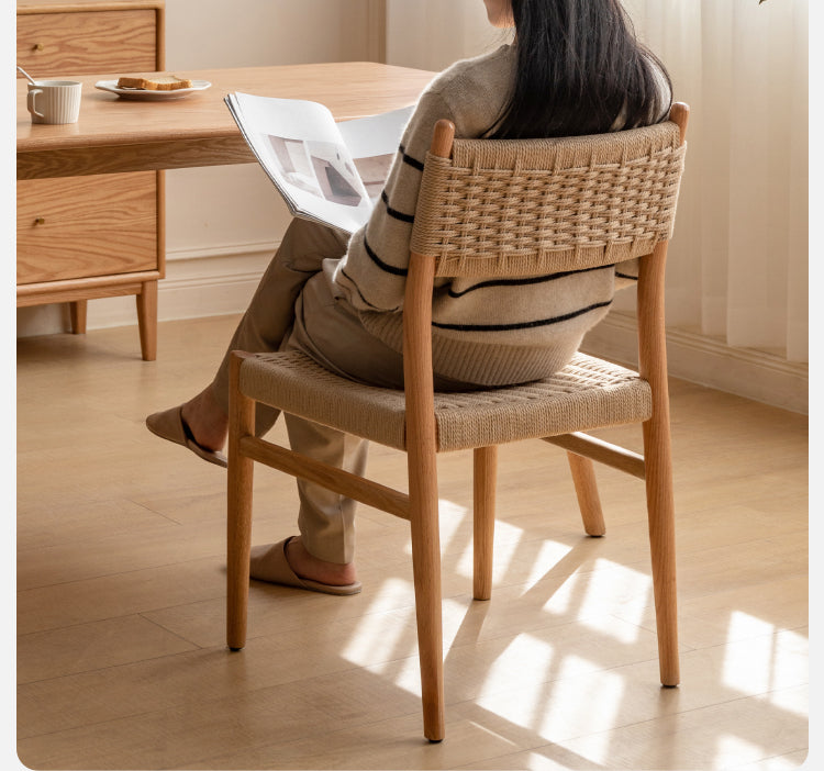 Solid Oak & Cherry Wood Rope Dining Chair - Rustic Farmhouse Style for Kitchen, Dining Room, and Outdoor Patio Seating