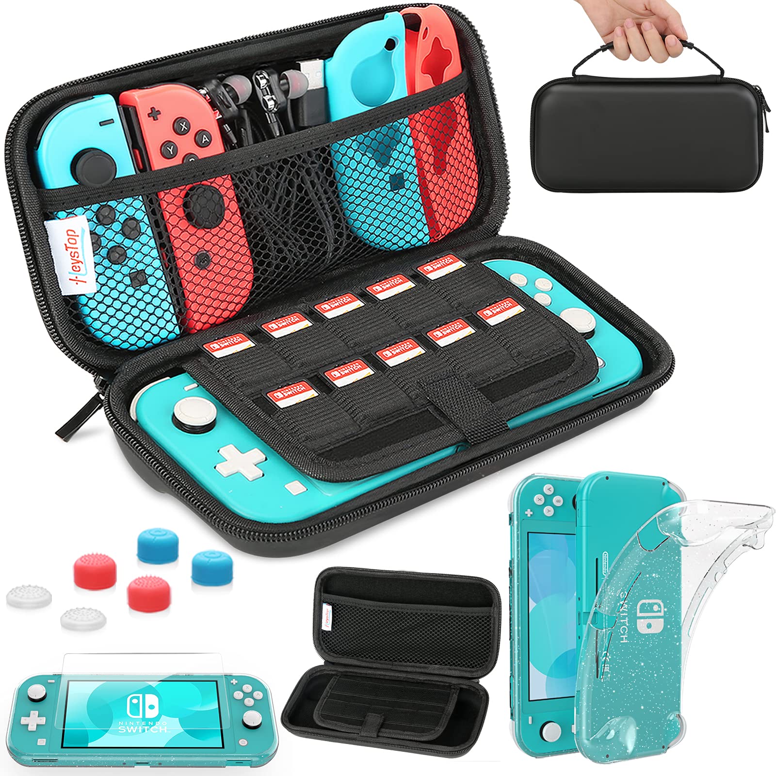 HEYSTOP Nintendo Switch Lite Carrying Case with Soft Glitter TPU Protective Cover, 6 Thumb Grip Caps & Game Card Storage - Portable Travel Accessories Kit for Switch Lite (Black) - Perfect for Gaming On-The-Go and Travel Protection