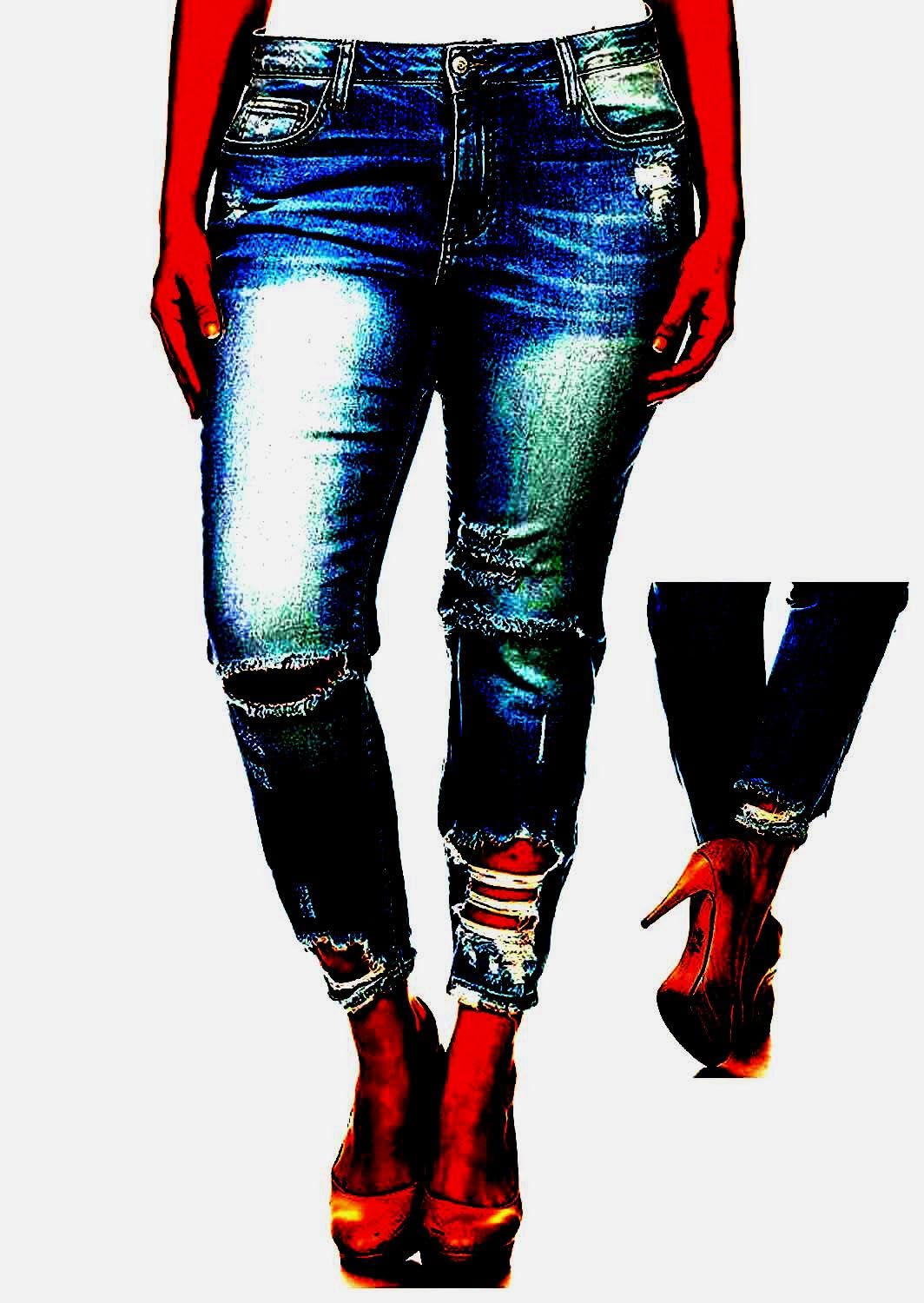 Jack David Women's Plus Size Ripped Distressed Blue Denim Stretch Jeans - Comfortable High Waisted Skinny Pants for Casual Wear & Everyday Outfits