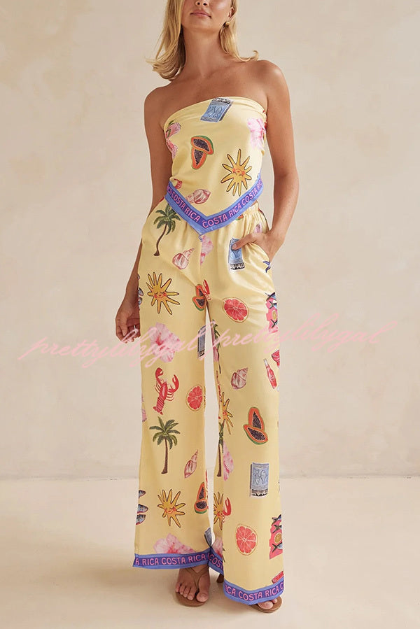 Stylish Linen Blend Printed Bandeau Top & Elastic Waist Pocket Pants Set - Summer Outfit for Beach, Vacation & Casual Wear