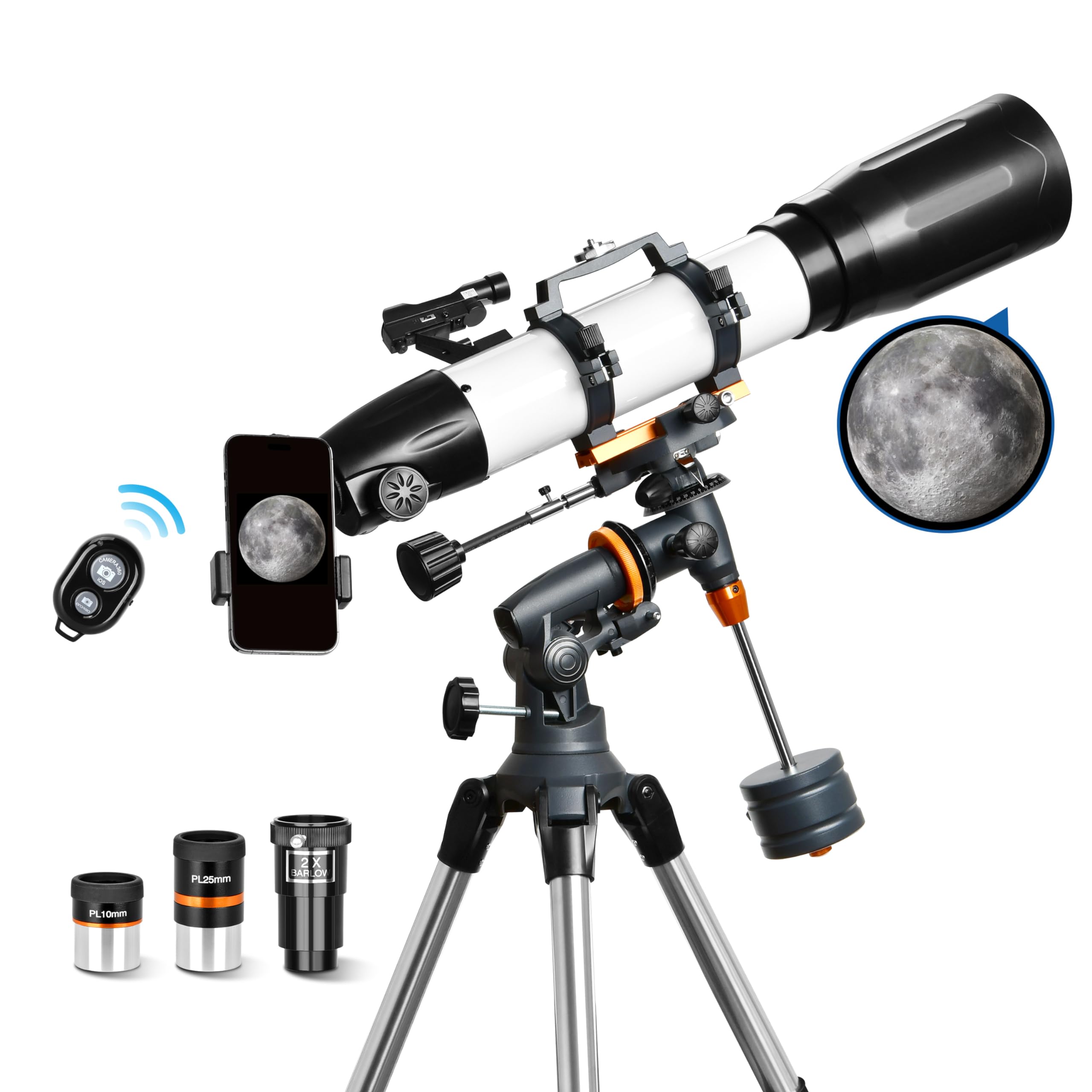 AOMEKIE 90mm Aperture 650mm Professional Astronomy Refractor Telescope for Adults - EQ Mount, 2 Plossl Eyepieces, Bluetooth Controller, Phone Adapter & Finderscope - Perfect for Stargazing, Moon Observation & Astrophotography