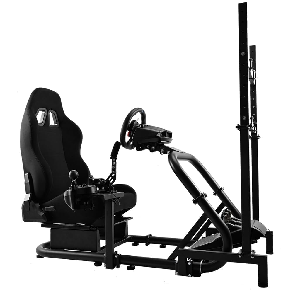 Premium Racing Simulator Cockpit with Ergonomic Seat & Adjustable Monitor Stand - Compatible with Logitech G27/G923/G920, Fanatec & Thrustmaster Wheels - 50mm Heavy-Duty Round Tube Frame (Steering Wheel/Pedals/TV Not Included) - Perfect for Home Gaming, Esports Training & Professional Simulation