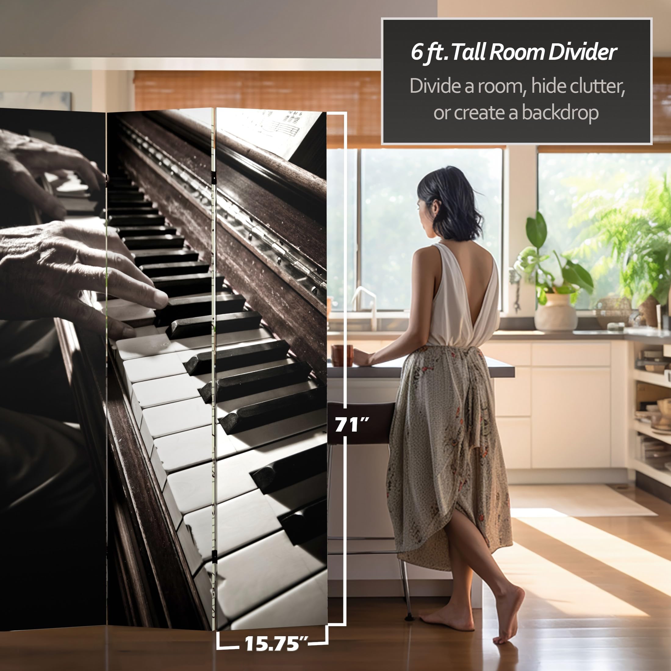 6 ft. Tall Double Sided Music Canvas Room Divider - 71 Inch High 3 Panel Folding Screen with Piano Notes Design | Perfect for Home Decor, Office Partition, Wedding Backdrop & Event Decoration