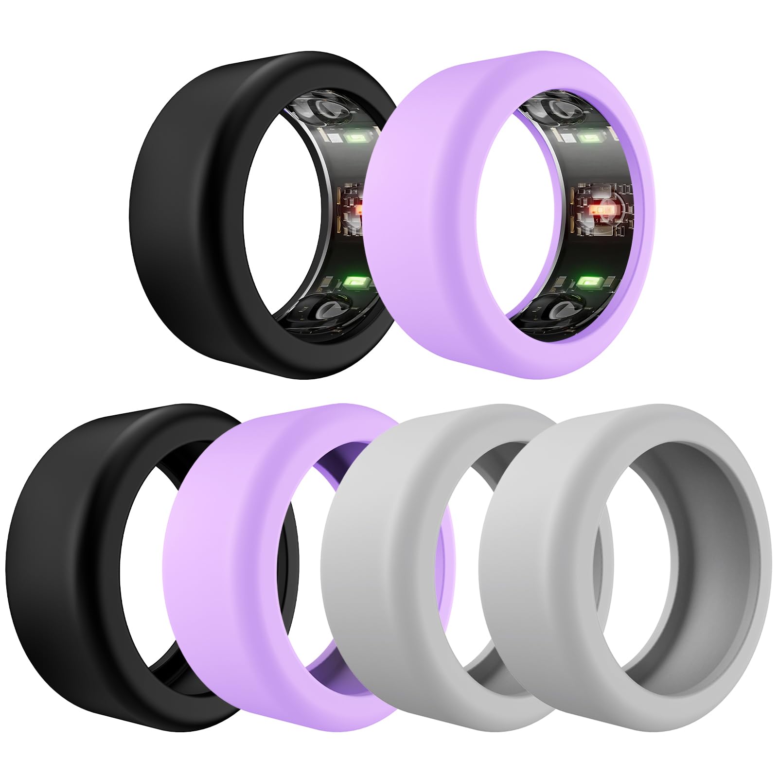 TiMOVO 6-Pack Silicone Ring Case for Oura Ring Gen 4/Gen 3/Galaxy Ring/Ring AIR/RingConn - Anti-Scratch Elastic Ring Cover (Size S) - Black/Gray/Purple - Perfect for Gym, Travel & Daily Wear Protection