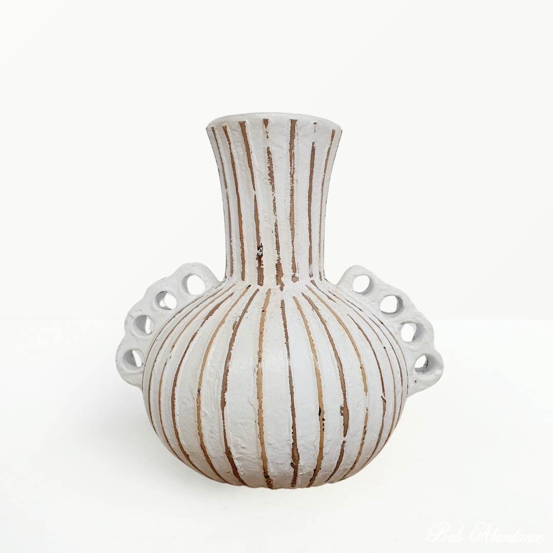 Handmade White Striped Terracotta Vase with Handles - Decorative Ceramic Flower Pot for Home Decor, Wedding Centerpiece & Boho Style Interior Design