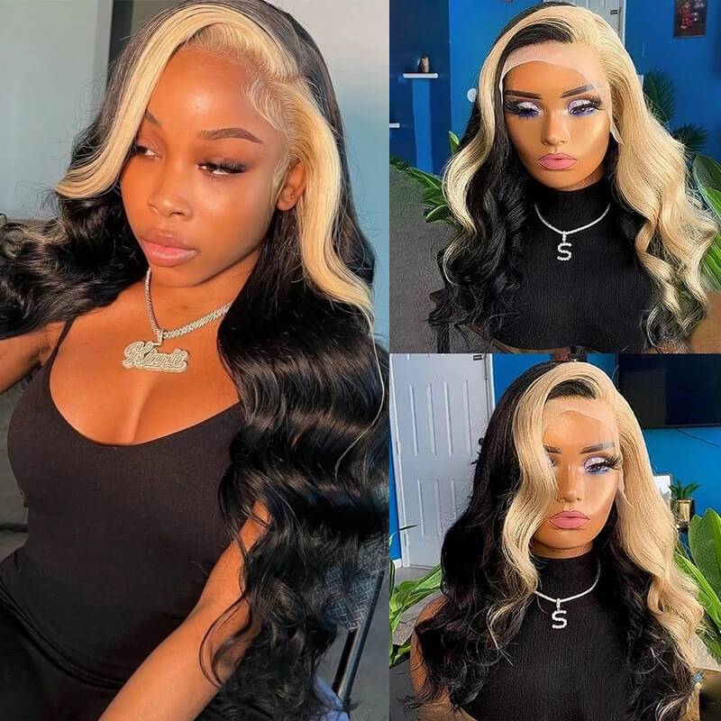 Eullair 13x4 Body Wave Lace Front Wig - Colored Blonde Skunk Stripe Human Hair Wig for Women | Perfect for Cosplay, Halloween, and Daily Fashion Styling
