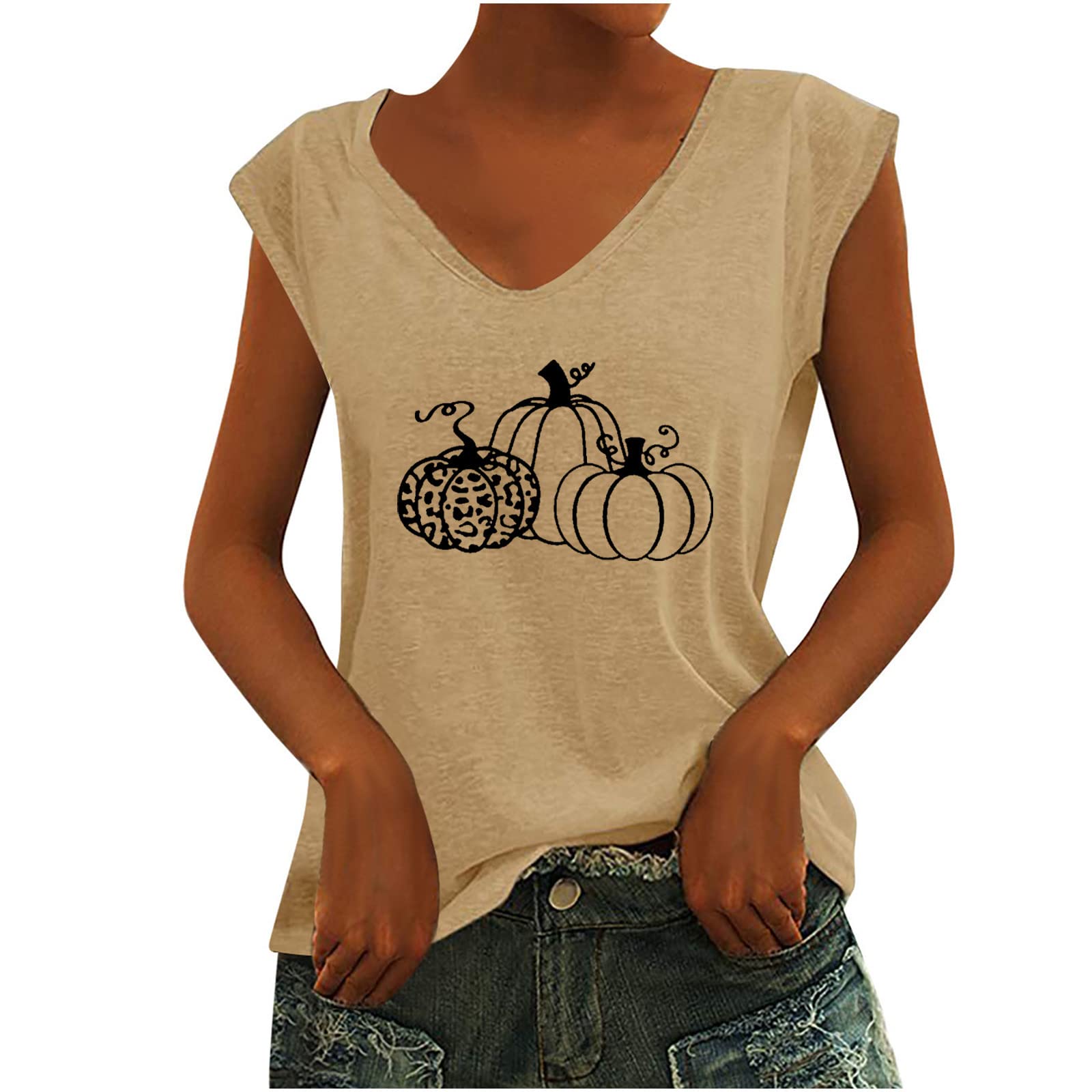 Wirziis Women's Halloween Pumpkin Tank Top - Cute Sleeveless V-Neck Workout Vest, Casual Summer Blouse for Parties, Costumes & Everyday Wear
