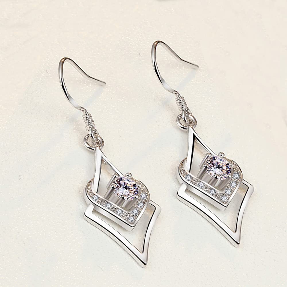 925 Sterling Silver Dangle Earrings for Women - 14K White Gold Plated Heart Hoop Earrings with AAA Cubic Zirconia | Elegant Gift for Valentine's Day, Anniversary & Date Night