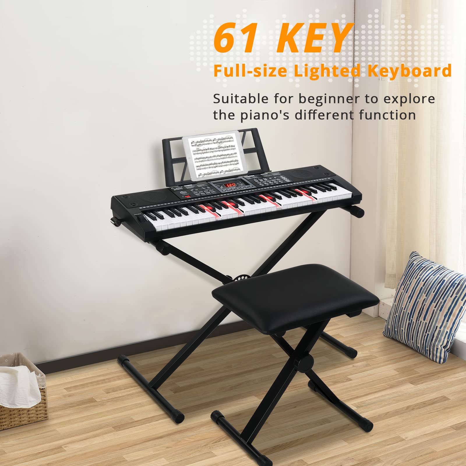 GLARRY 61-Key Full Size Portable Electric Keyboard Piano Set for Beginners & Kids - Includes Piano Bench, Stand, Music Stand, Microphone, Headphone & Power Supply - Perfect for Home Practice, Music Lessons & Christmas Gifts
