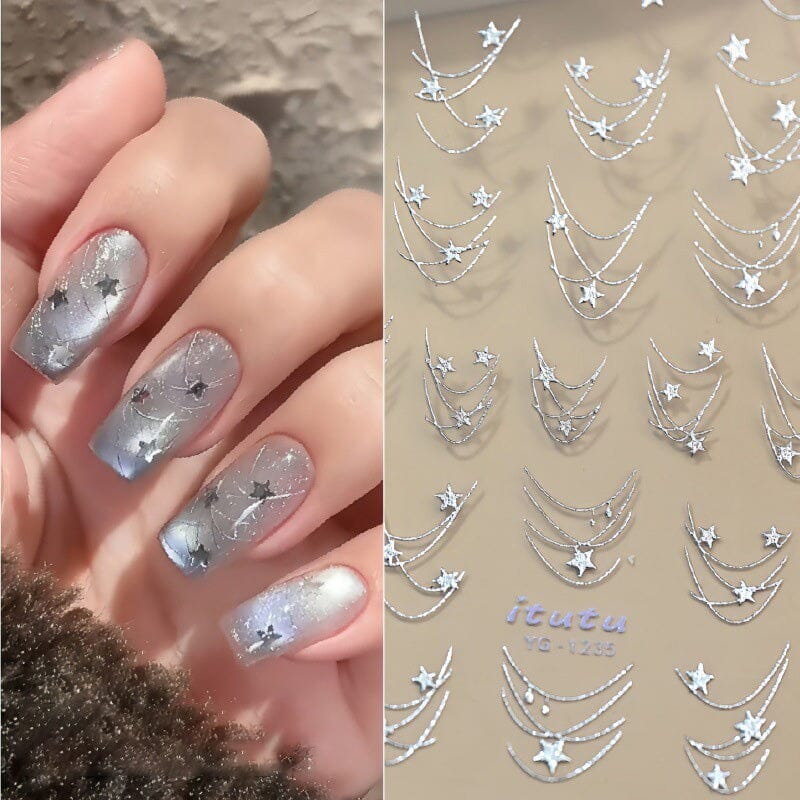 French Star Lines Glitter 3D Nail Stickers - Self-Adhesive Nail Art Decals for Women | Perfect for Parties, Weddings, and Special Occasions