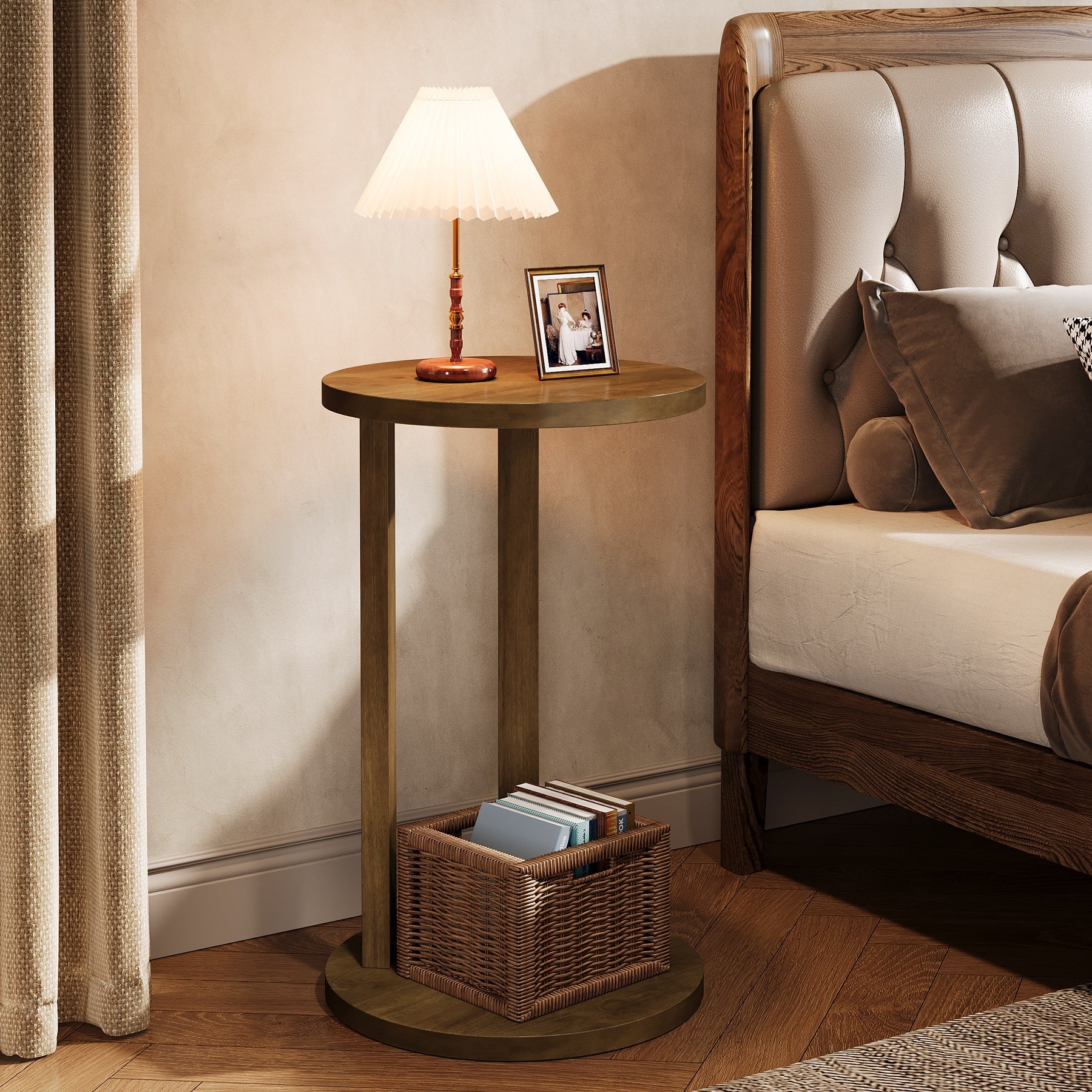 Round End Table with 2 Tiers & Solid Wood Legs - Stylish Side Table for Living Room, Bedroom, or Office Décor