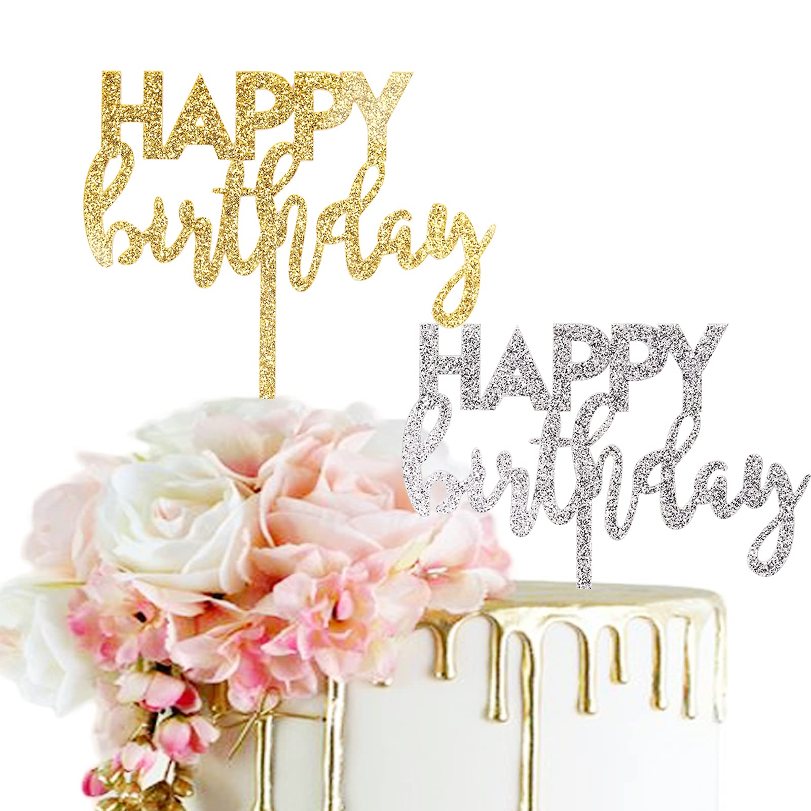 Herain Glitter Happy Birthday Cake Toppers - Gold & Silver Acrylic Cake Decorations for Kids & Adults | Perfect for Birthday Parties, Weddings & Special Celebrations