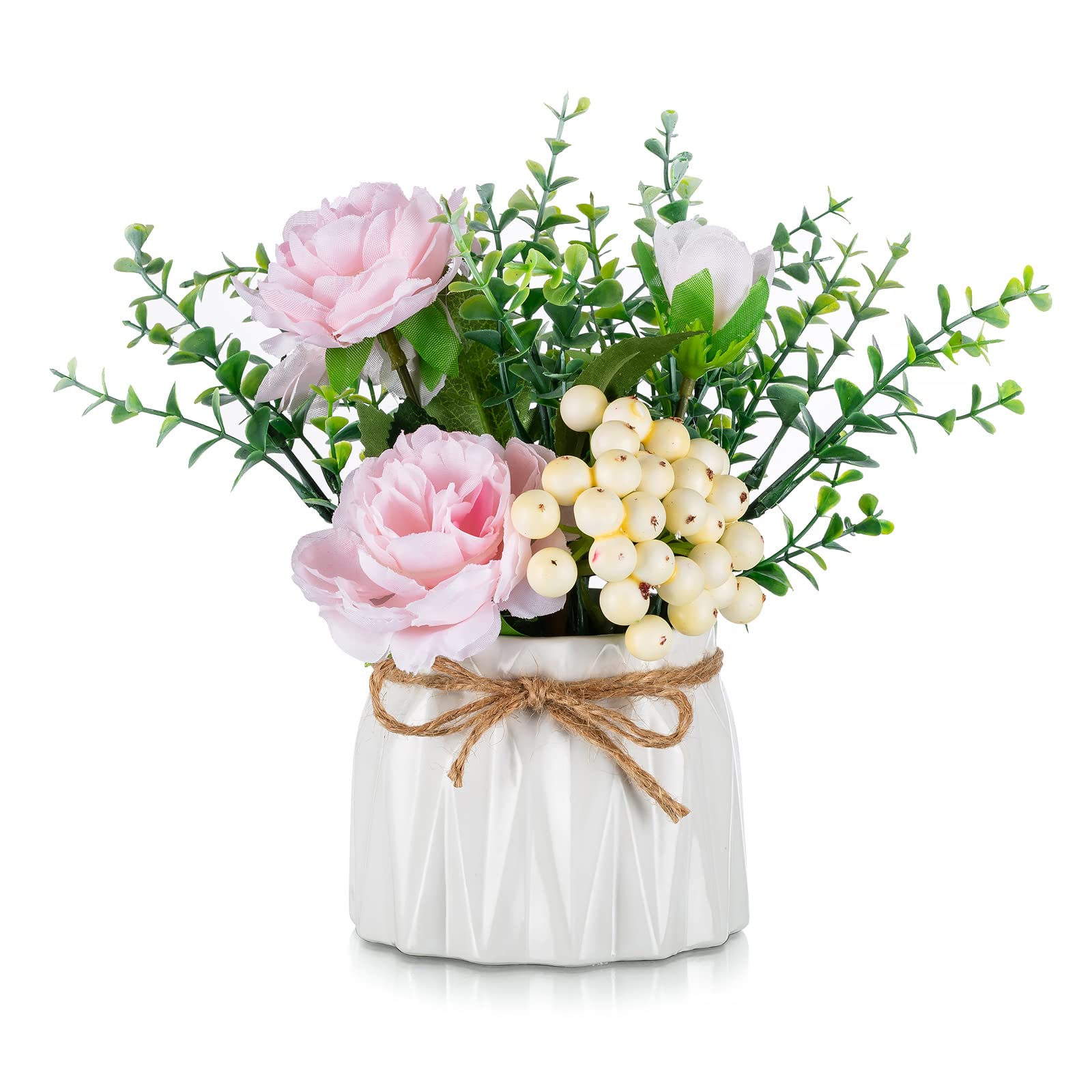 Blosmon Small Artificial Pink Roses in Vase - Table Centerpiece Decor for Kitchen, Dining Room & Coffee Table | Faux Silk Flower Arrangement for Home, Wedding & Party Decorations