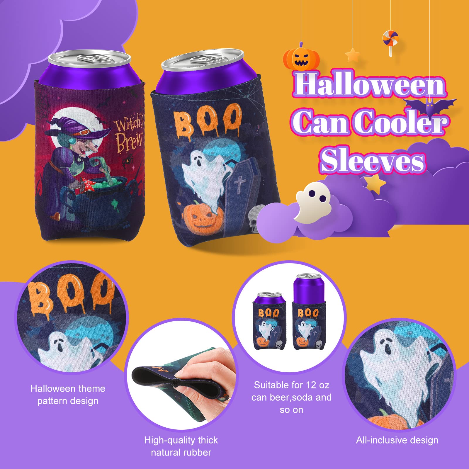 18 Pack Halloween Can Cooler Sleeves - Witch, Pumpkin, Bat, Skull Design - Insulated Beer Bottle Sleeves for Halloween Party Decorations and Outdoor Gatherings