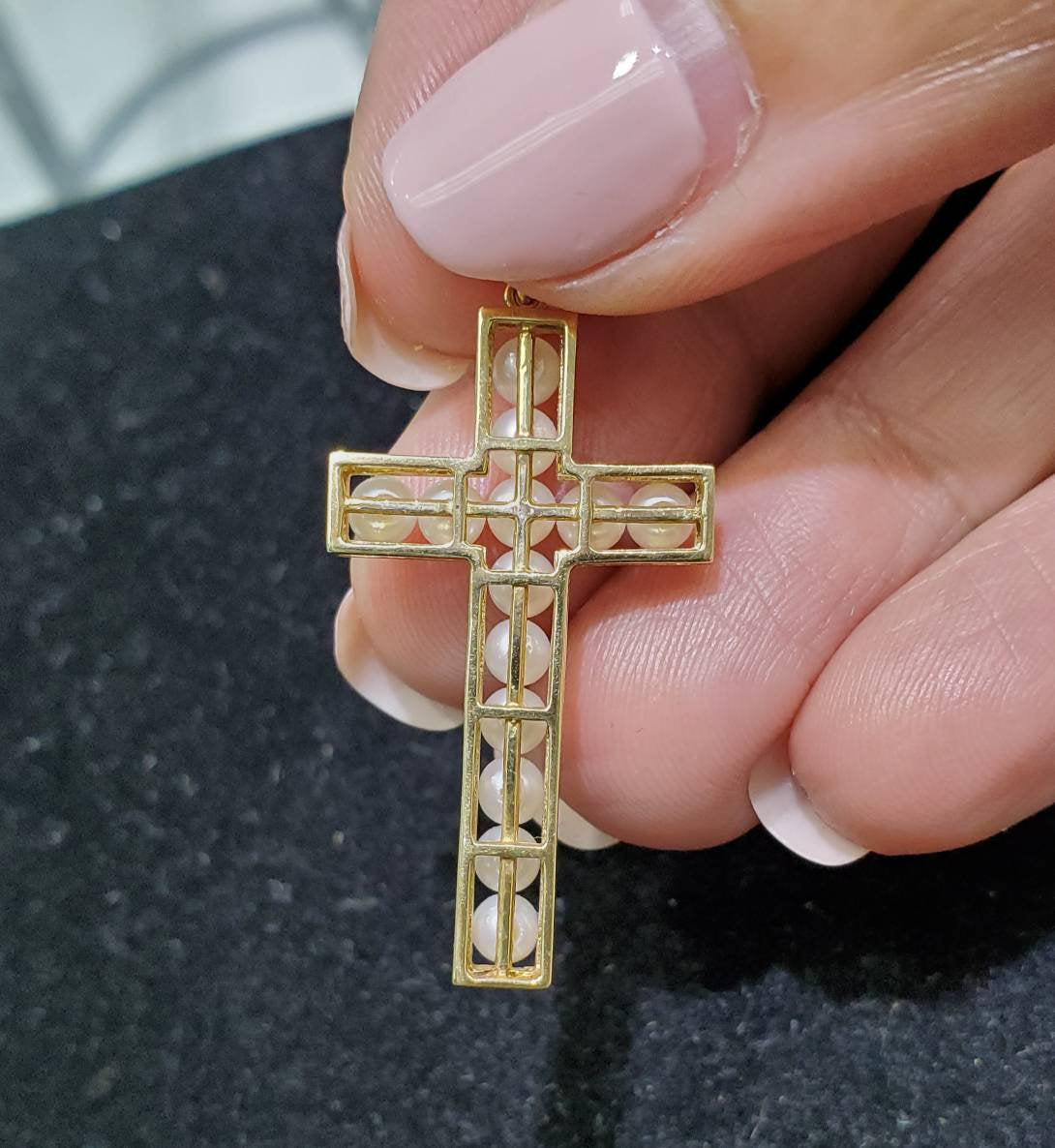 14K Yellow Gold Pearl Cross Pendant Necklace - Elegant Religious Jewelry for Women, Perfect for Baptism, First Communion, Confirmation & Everyday Wear