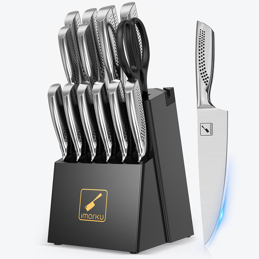 Imarku 15-Piece Stainless Steel Knife Block Set with Built-in Sharpener - Premium Kitchen Cutlery for Chefs & Home Cooking | Perfect for Meal Prep, Slicing, Dicing & Food Presentation