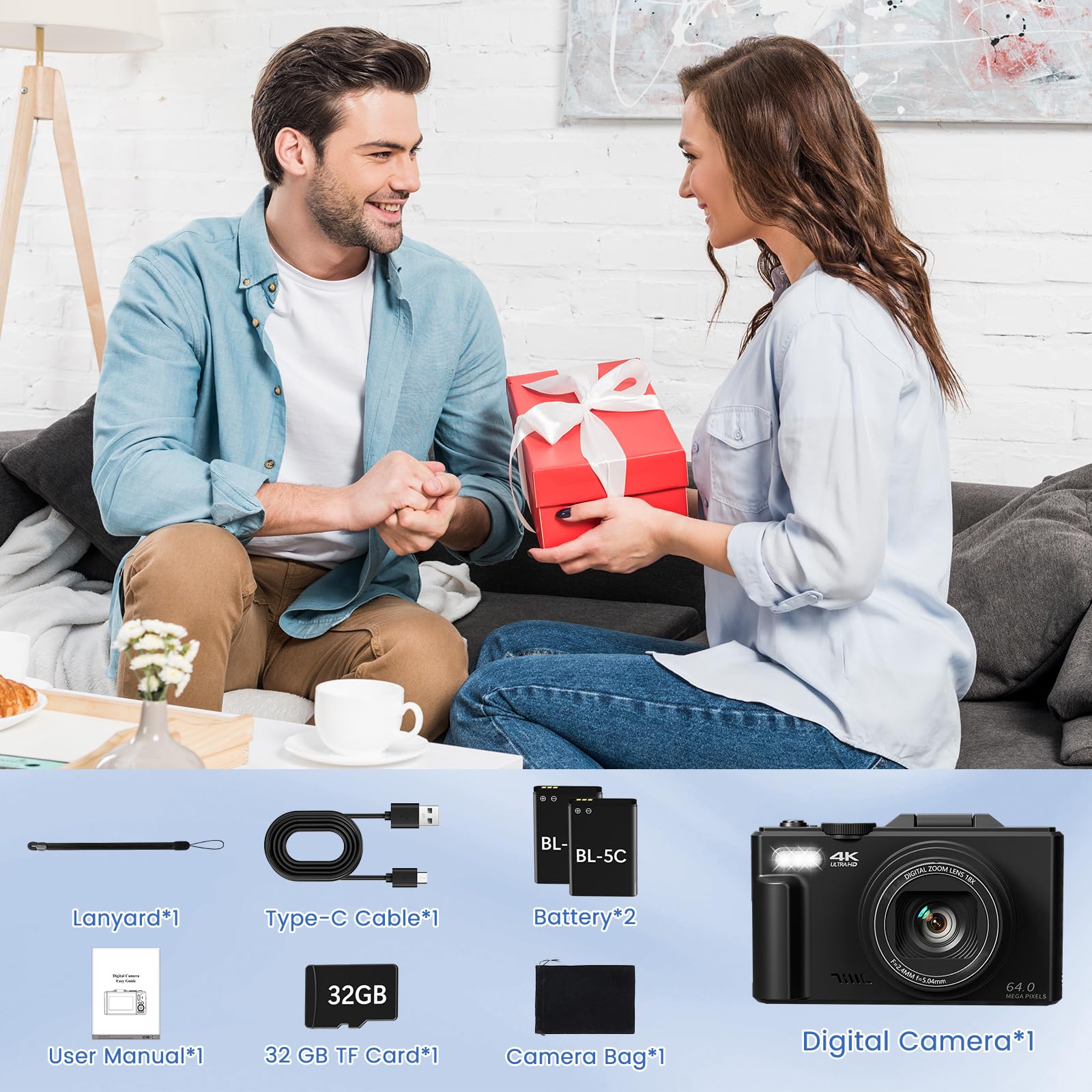4K Digital Camera for Photography & Vlogging - 64MP HD WiFi Compact Camera with 3