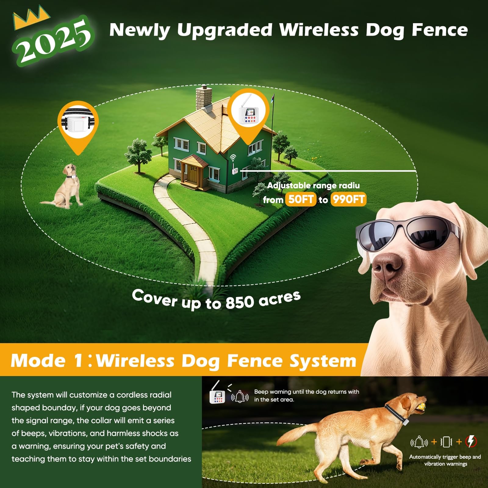 2025 Wireless Dog Fence System - Electric Pet Fence & Training Collar with Large LCD Display, 2.4GHz Antenna, Waterproof & Adjustable Perimeter Control - Perfect for Backyard, Farm, and Outdoor Dog Training
