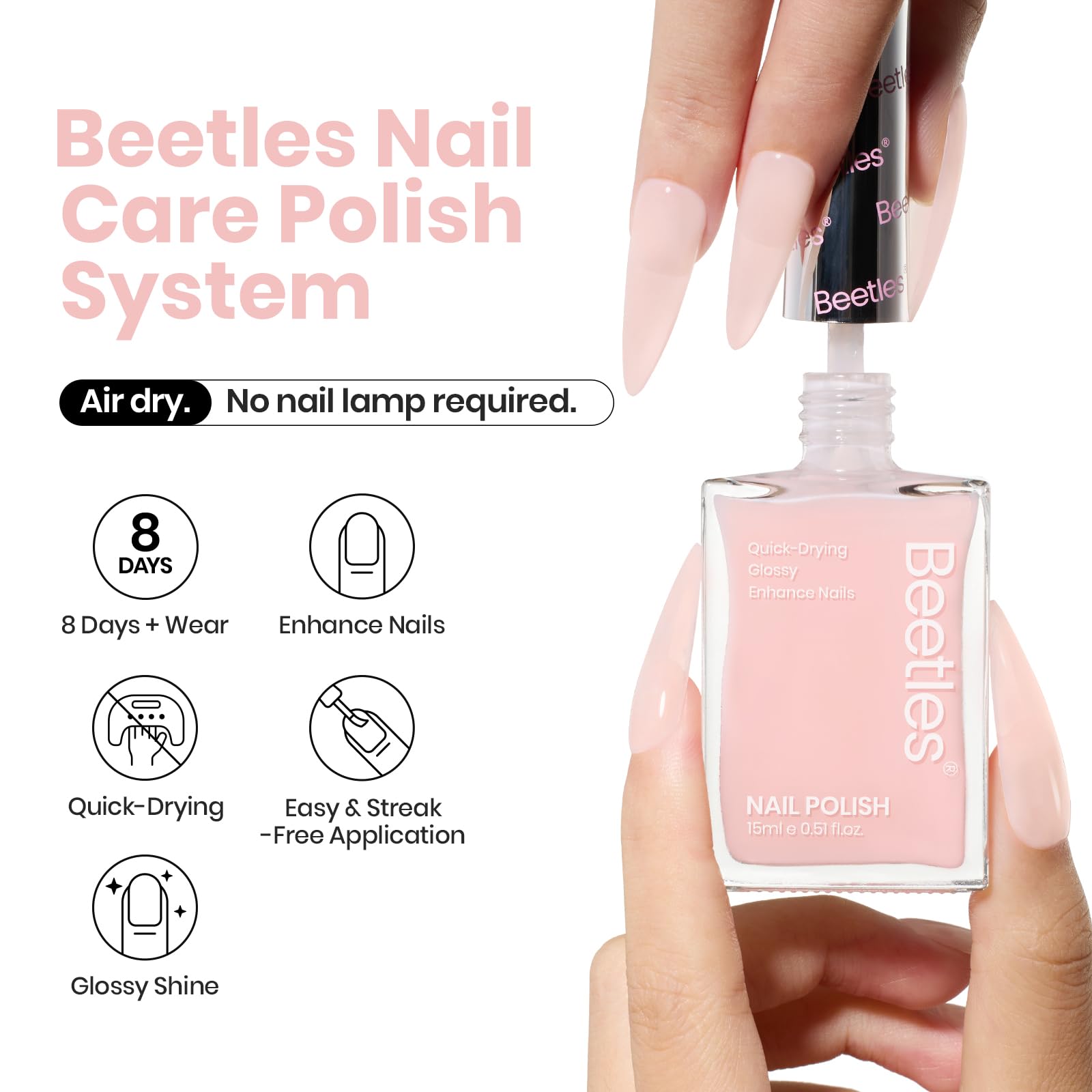 Beetles Nail Polish - Light Pink Natural Nail Concealer | Fast Drying, Strengthening & Growth Treatment for Thin & Damaged Nails | 0.51 Fl Oz | Perfect for Salon-Quality Manicures at Home & Everyday Wear