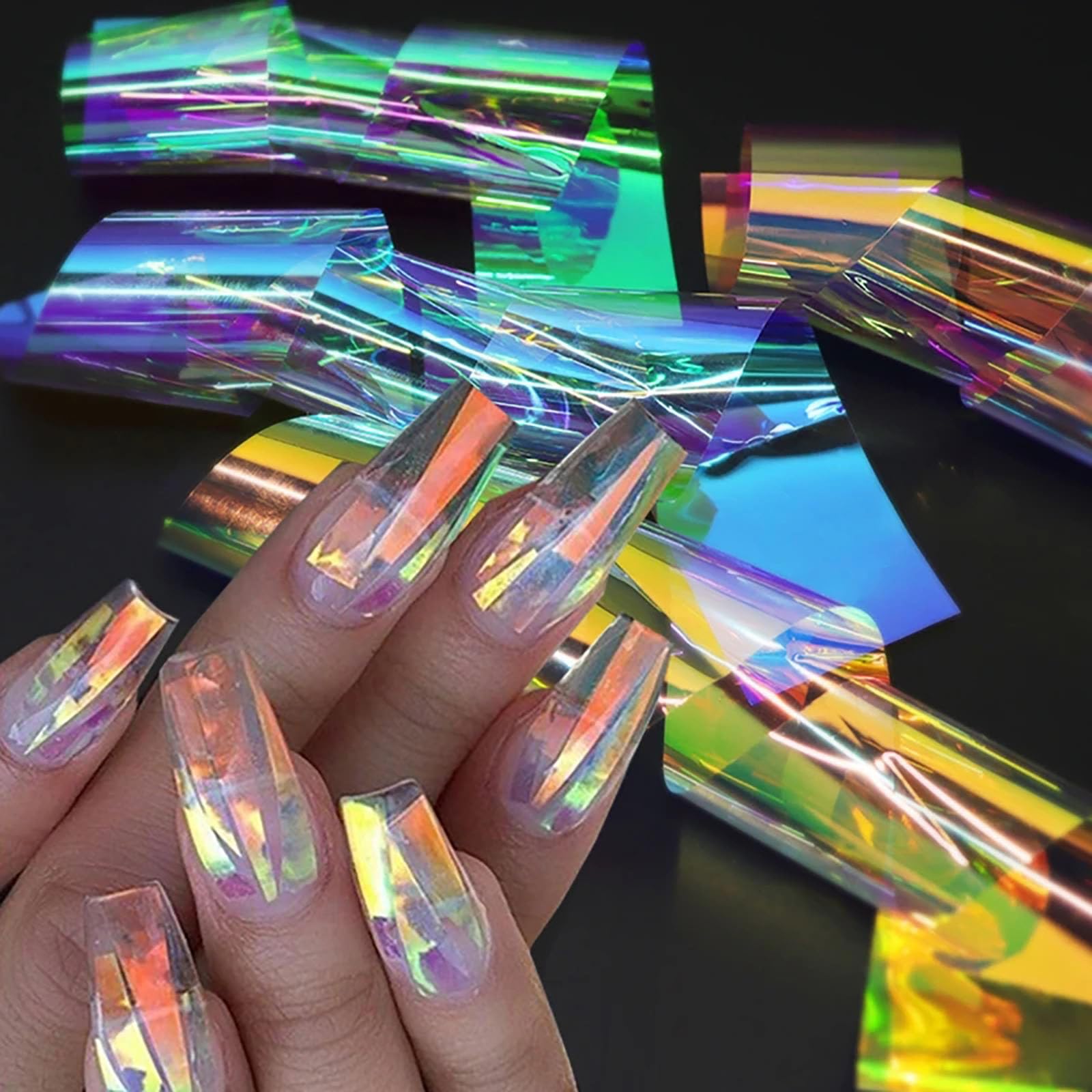 20 Sheets Iridescent Cellophane Nail Foils - Holographic Aurora Glass Broken Nail Art Stickers for DIY Manicure, Nail Salon & Party Nail Designs - Reflective Neon Nail Decoration for Gel Polish & Acrylic Nails