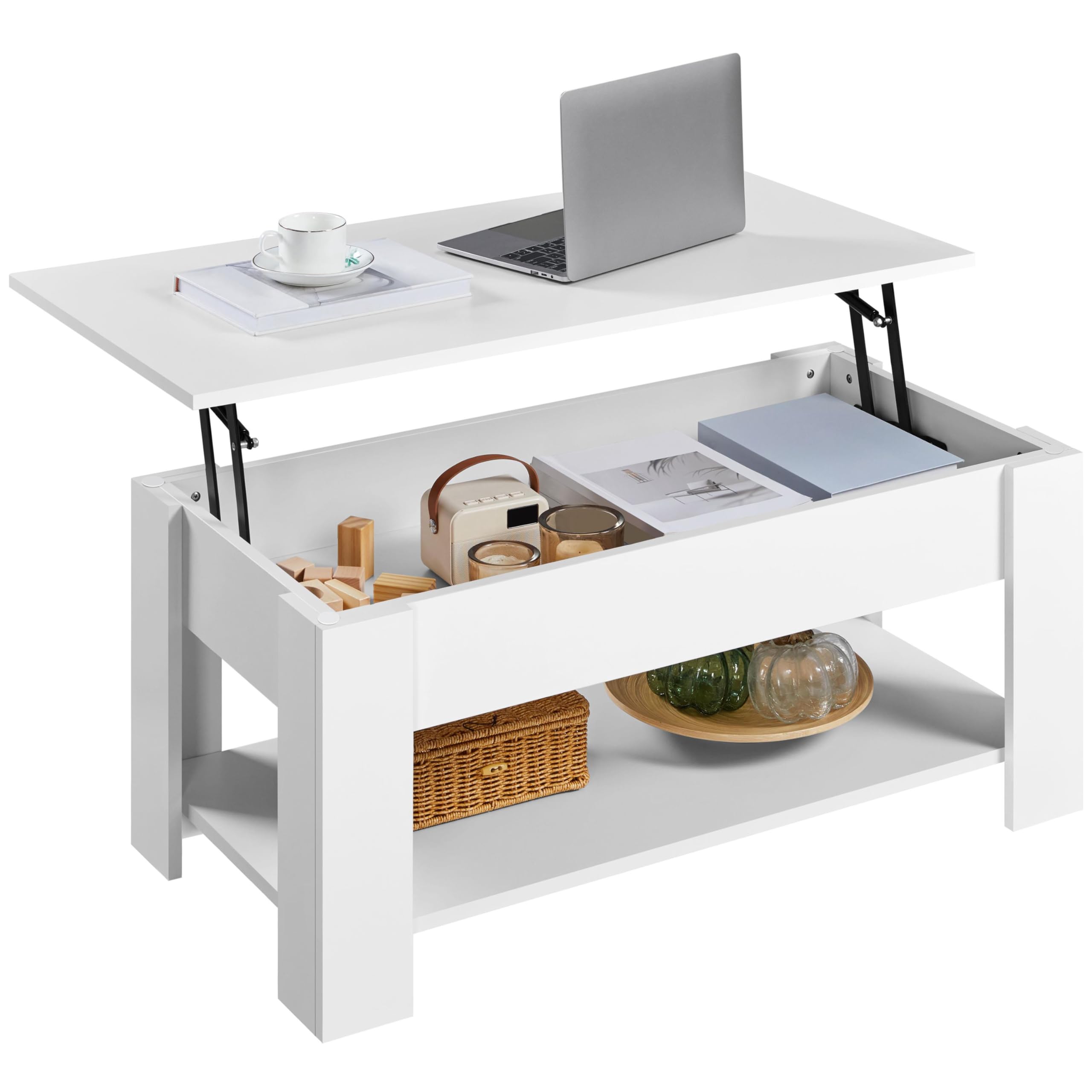 Topeakmart Adjustable Lift Top Coffee Table with Hidden Storage Compartment and Shelf - Modern White Lift-Top Dining Table for Living Room, Office, Reception - Perfect for Small Spaces, Entertaining, and Home Organization