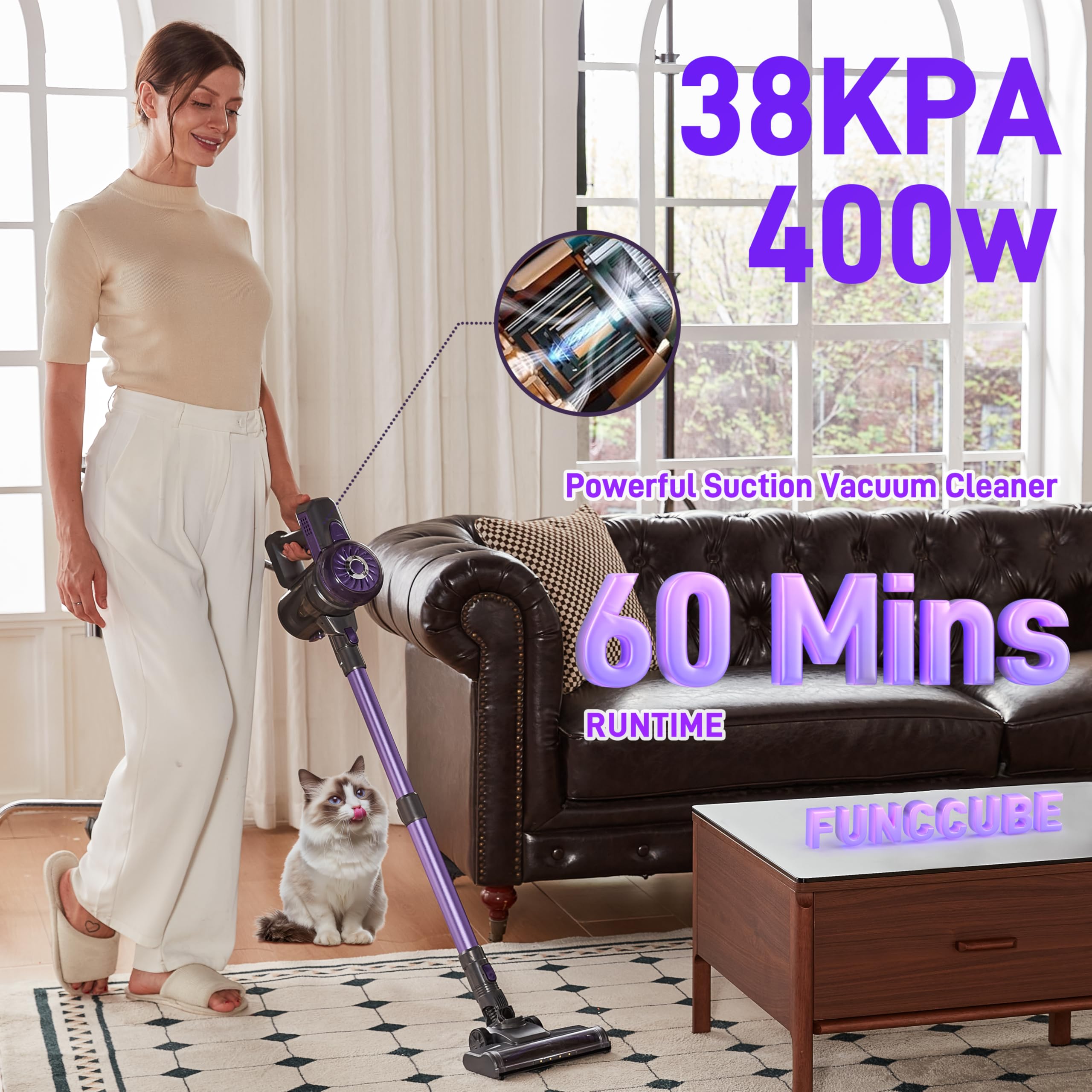 **Powerful Cordless Vacuum Cleaner - 38KPA 400W Rechargeable Stick & Handheld Vacuum for Pet Hair, Hardwood Floors & Home Cleaning - Lightweight, Self-Standing, Purple (S1) - Perfect for Quick Cleanups & Deep Cleaning**