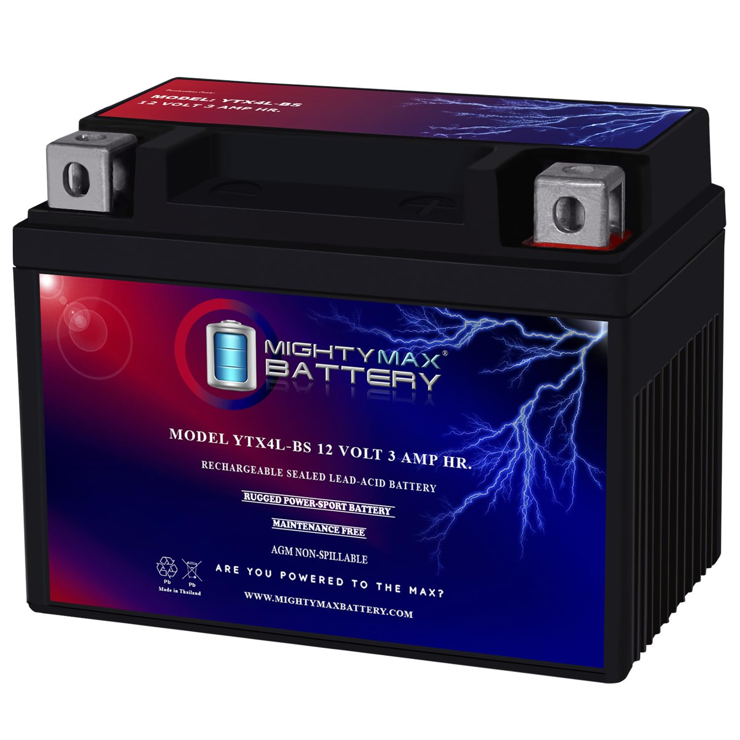 Mighty Max YTX4L-BS 12V 3.5Ah Sealed Lead Acid Battery - Replacement for Motorcycles, ATVs, Scooters & Power Sports - Maintenance-Free & Leak-Proof Design for Reliable Performance