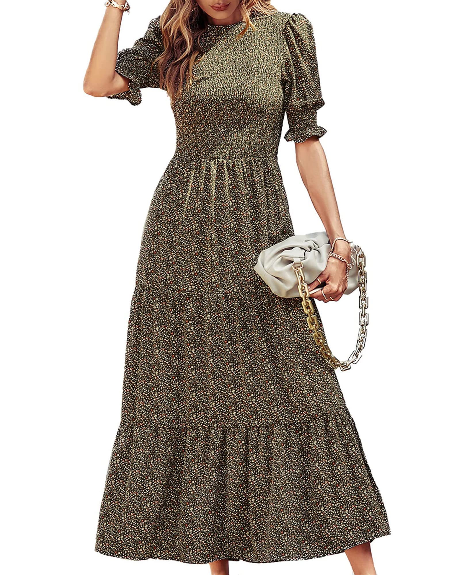 BTFBM Women's Floral Print Boho Maxi Dress - Short Sleeve Ruffle Smocked Summer Dress for Casual Wear, Beach, Vacation & Outdoor Activities | Spring 2025 Fashion
