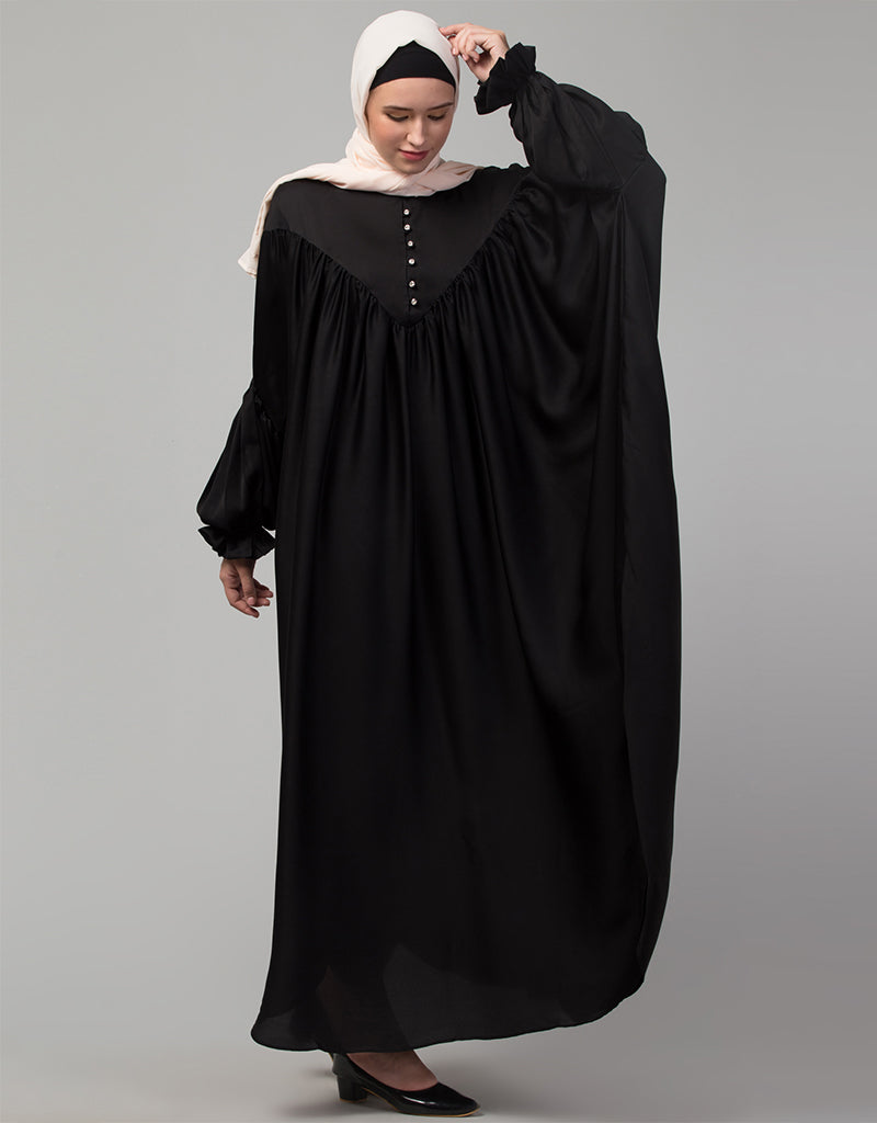 Elegant Arabic Kaftan Abaya with Yoke, Gathered Front & Back, Pleated Sleeves - One Size Fits All - Perfect for Prayer, Special Occasions & Modest Fashion