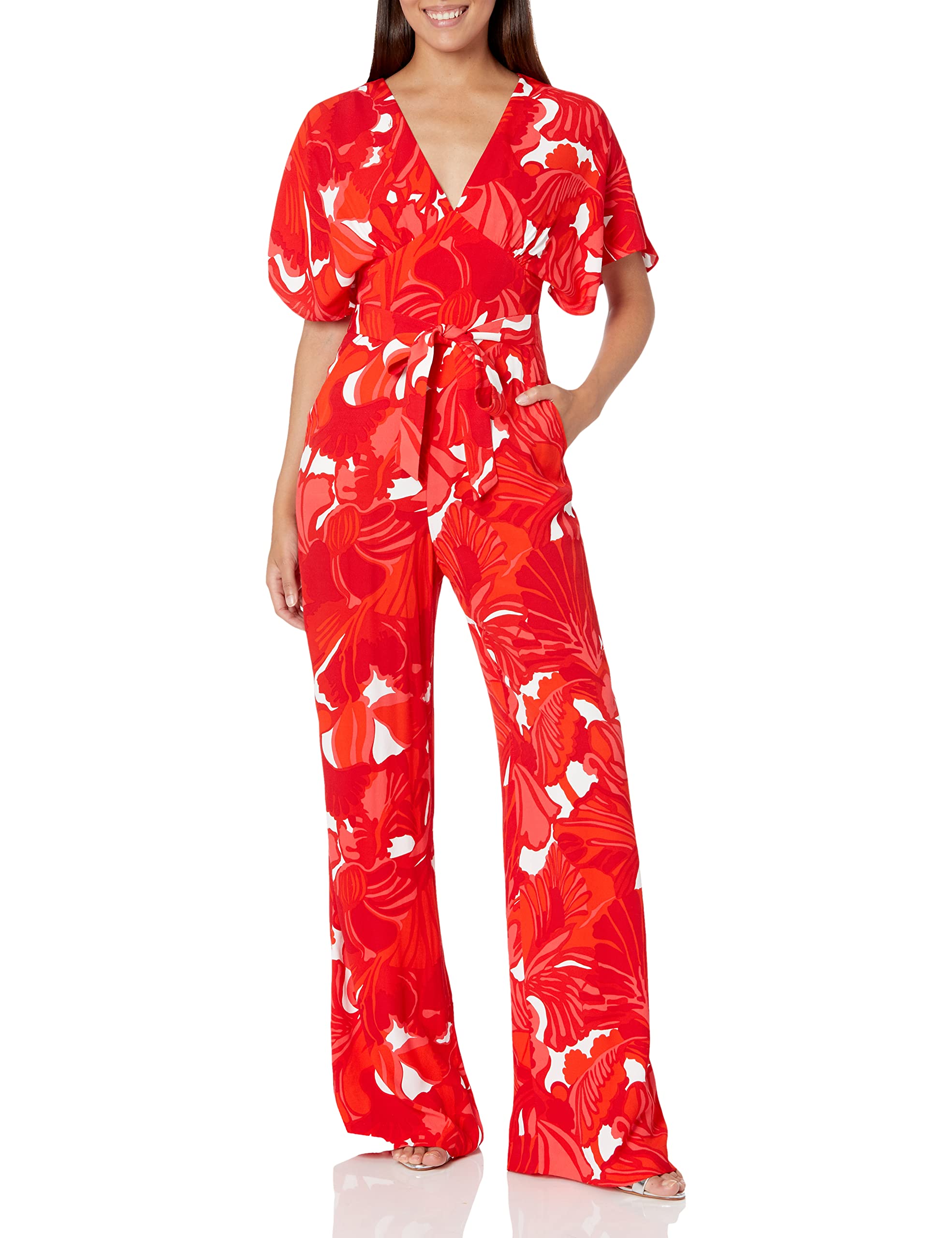 Trina Turk Women's Formation V-Neck Tie Waist Jumpsuit - Stylish One-Piece Outfit for Work, Party & Special Occasions
