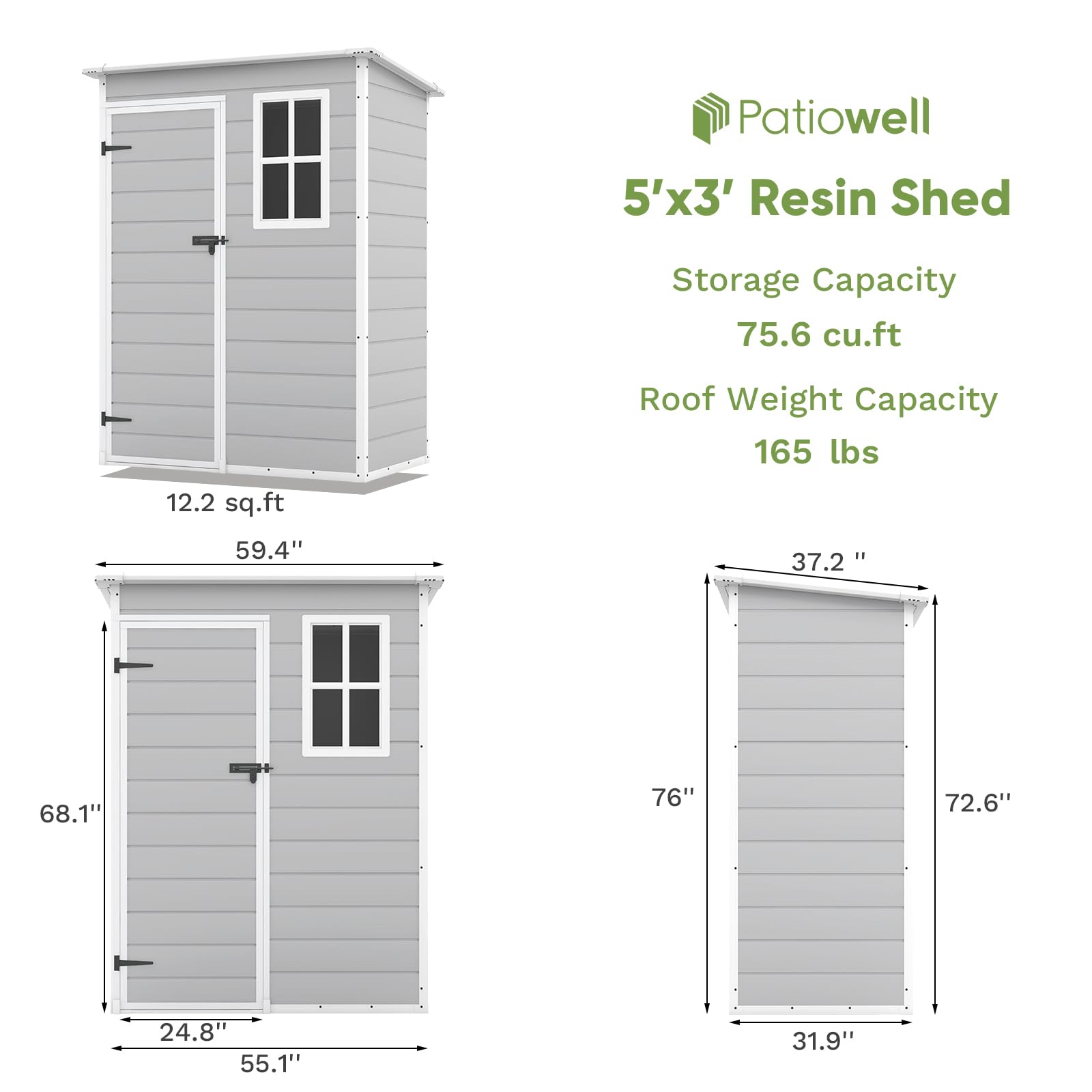Patiowell 5x3 FT Resin Outdoor Storage Shed - Waterproof Garden Shed for Patio Furniture, Lawn Mower, Bikes & Beach Chairs | Heavy-Duty Grey & White Utility Shed for Backyard, Garage & Poolside Storage