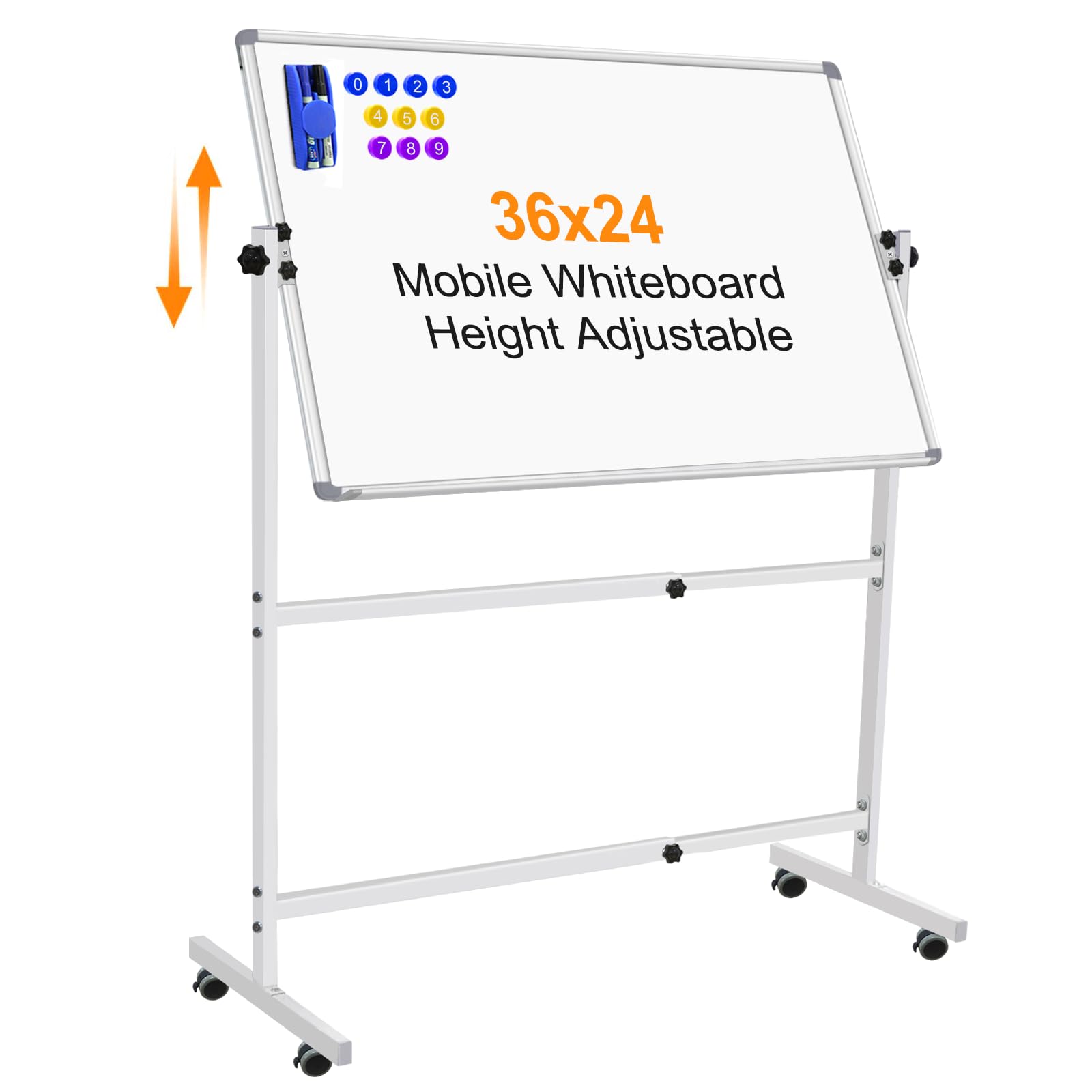 Adjustable Height 36x24 Dry Erase Whiteboard with Rolling Stand - Mobile Magnetic Whiteboard on Wheels for Office, Classroom & Home Use