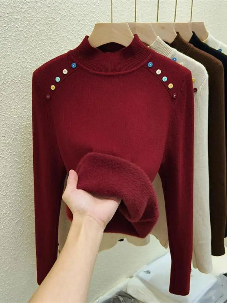 Women's Solid Color Velvet Button Sweater - Korean Fashion Warm Knitwear Long Sleeve Pullover Top for Autumn Winter | Cozy Thick Festival Wear for Holiday Parties & Casual Outings