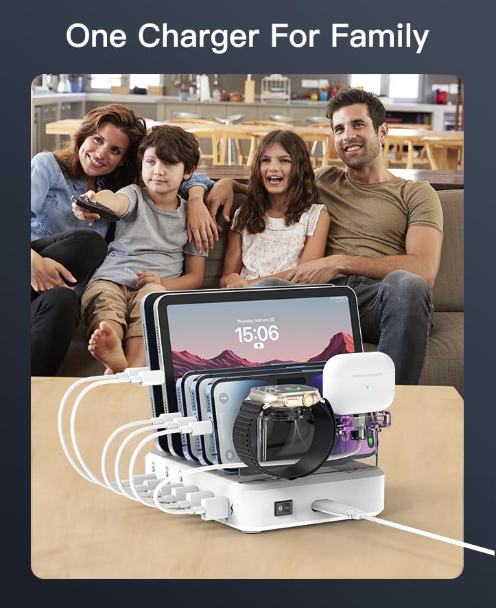 100W 6-Port USB Charging Station with 3 PD Fast Charge - for iPhone iPad Android Devices at Home/Office
