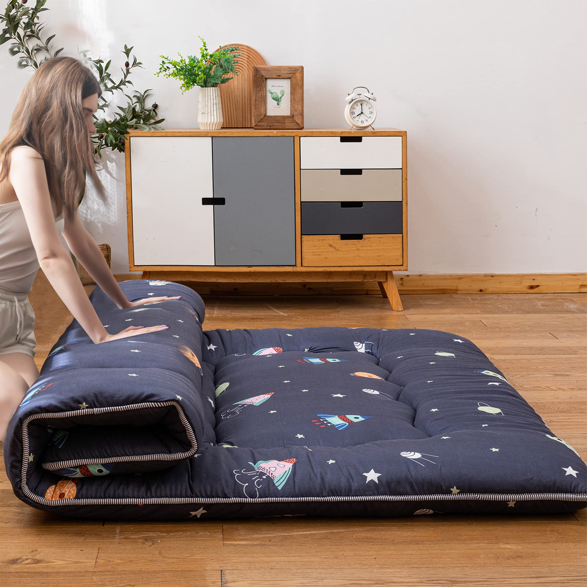 YOSHOOT Navy Blue Japanese Thick Foldable Futon Floor Mattress for Adults - Full Size Space Saving Floor Bed with Canvas Storage Bag - Perfect for Camping, Guest Beds & Small Apartments