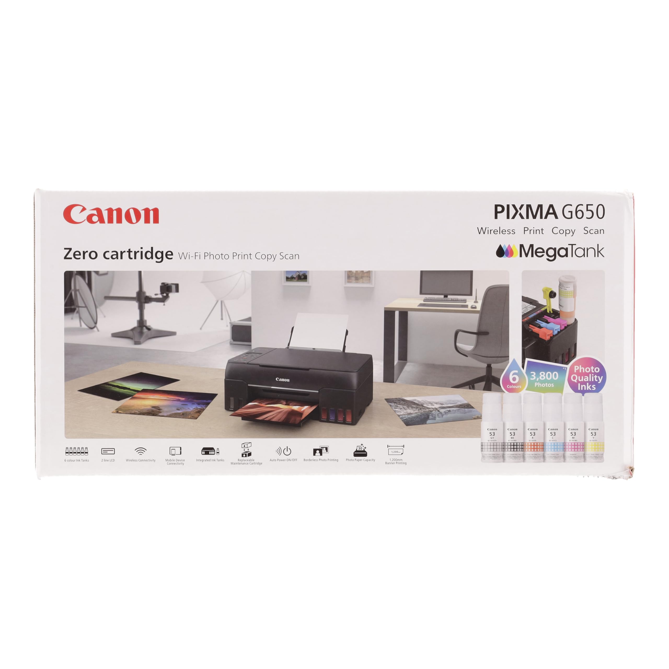 Canon PIXMA G650 MegaTank Wireless All-in-One Printer with Scanner, Copier - High Resolution 4800x1200 dpi, Photo Printing, 10x15cm, LCD Display, WiFi, Auto Power On/Off - Black | Ideal for Home Office, Small Business & Photo Printing