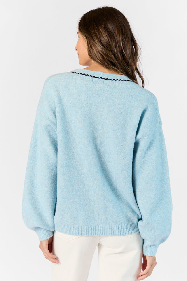 Elegant Blue and Navy Rickrack Trim Cardigan for Women | Cozy Knit Sweater | Perfect for Fall & Winter Layering | Office, Casual & Date Night Outfits